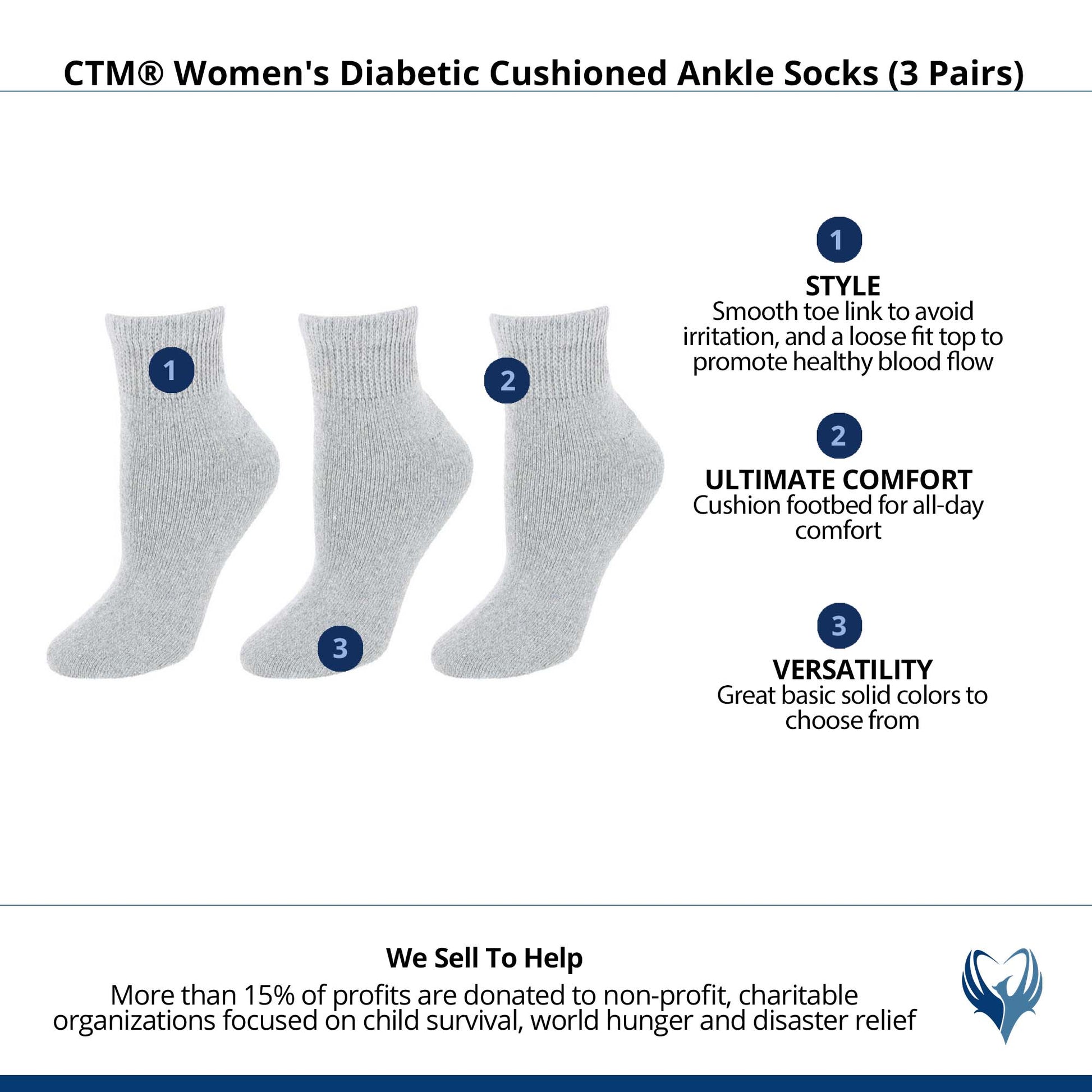 CTM® Women's Diabetic Cushioned Ankle Socks (3 Pairs) - Gray