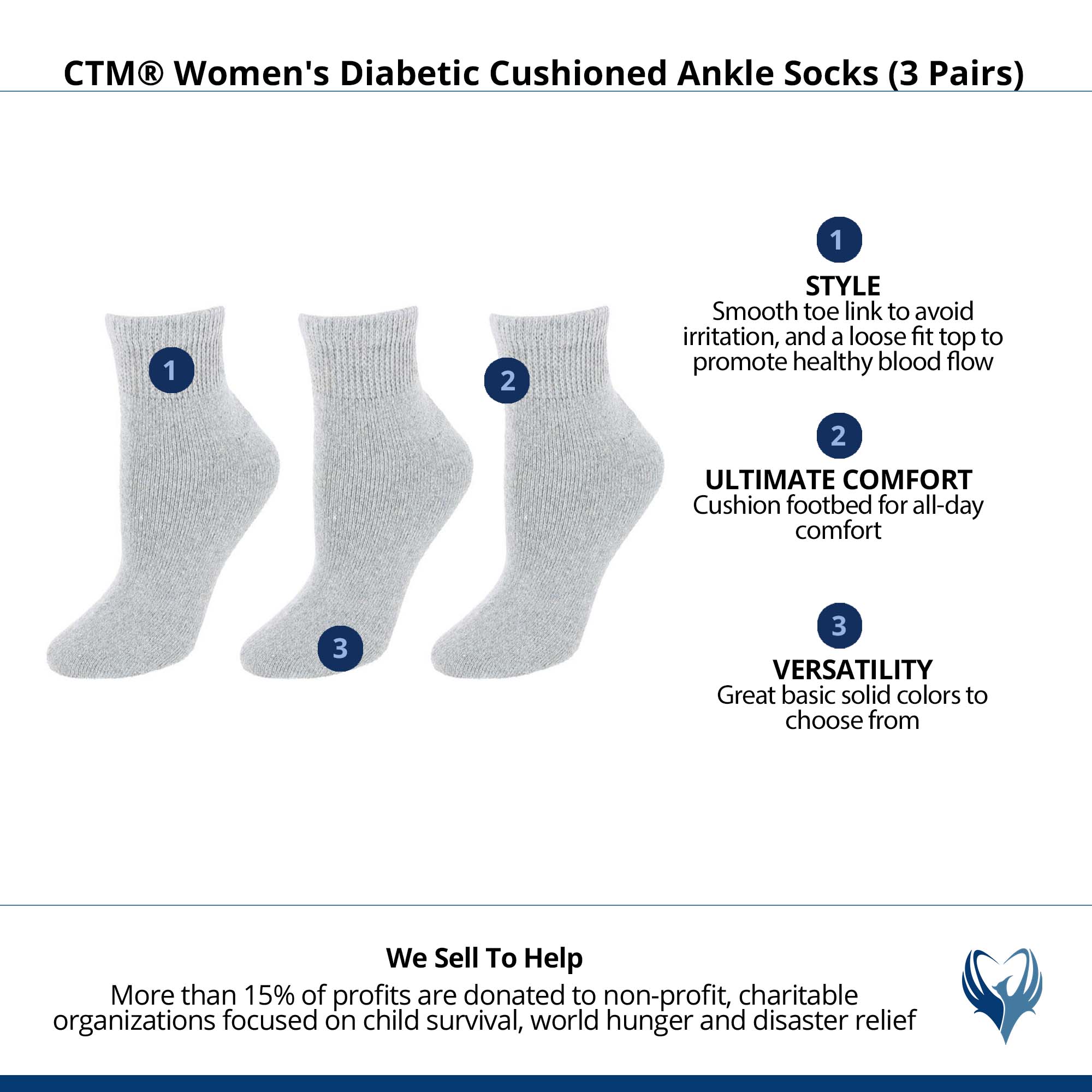 CTM® Women's Diabetic Cushioned Ankle Socks (3 Pairs) - Gray