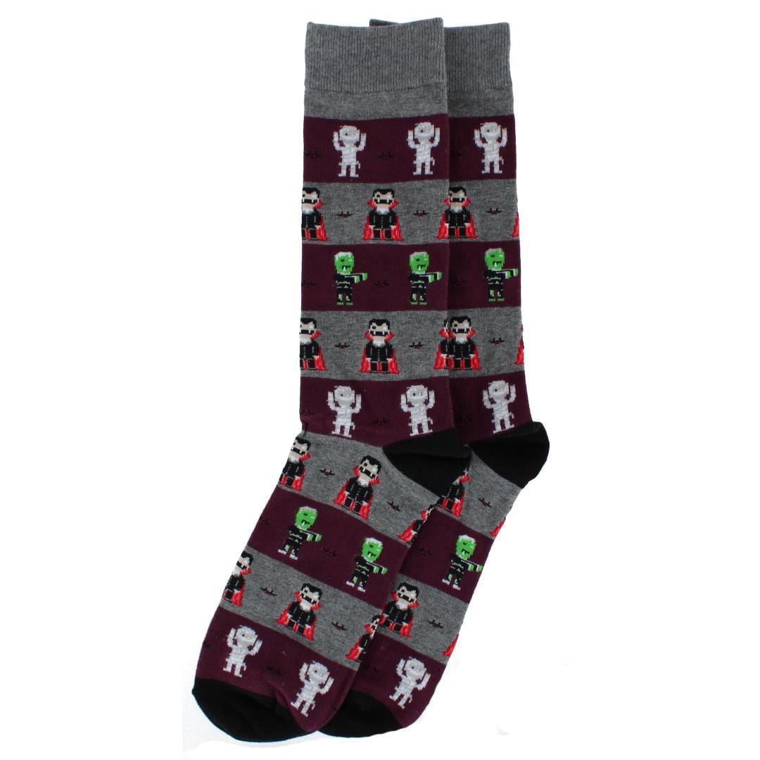 CTM® Men's Monster Mash Halloween Cotton Blend Crew Sock (1 Pair) - Grey and Purple Stripes