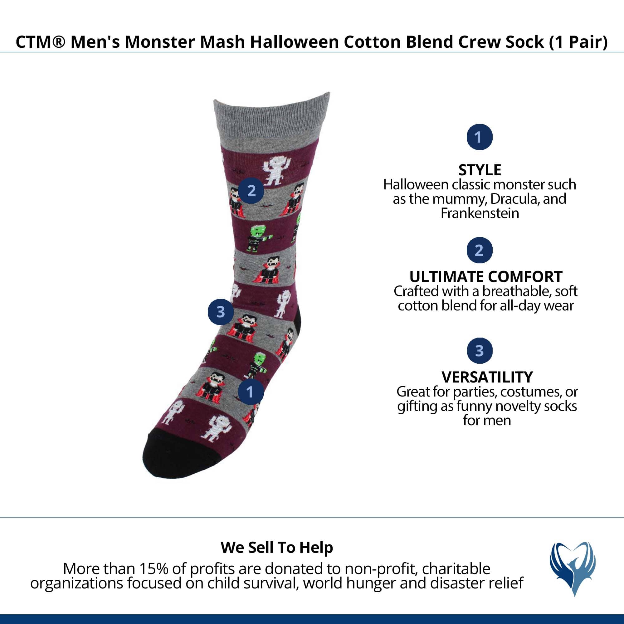 CTM® Men's Monster Mash Halloween Cotton Blend Crew Sock (1 Pair) - Grey and Purple Stripes
