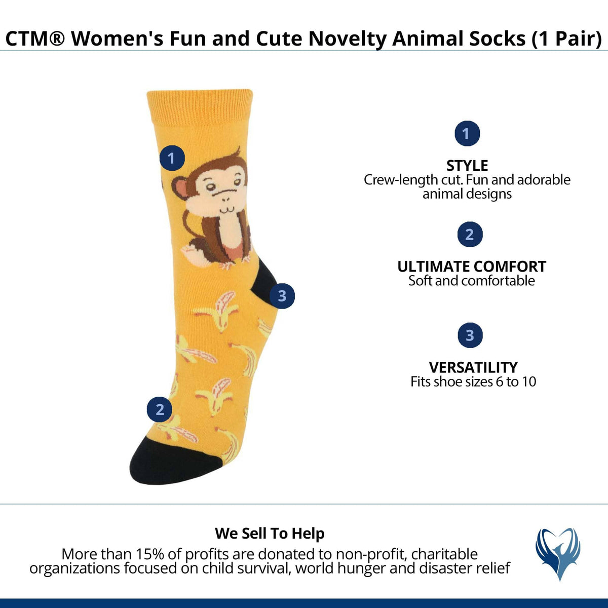 CTM® Women's Fun and Cute Novelty Animal Socks (1 Pair) - Bananas for Monkey