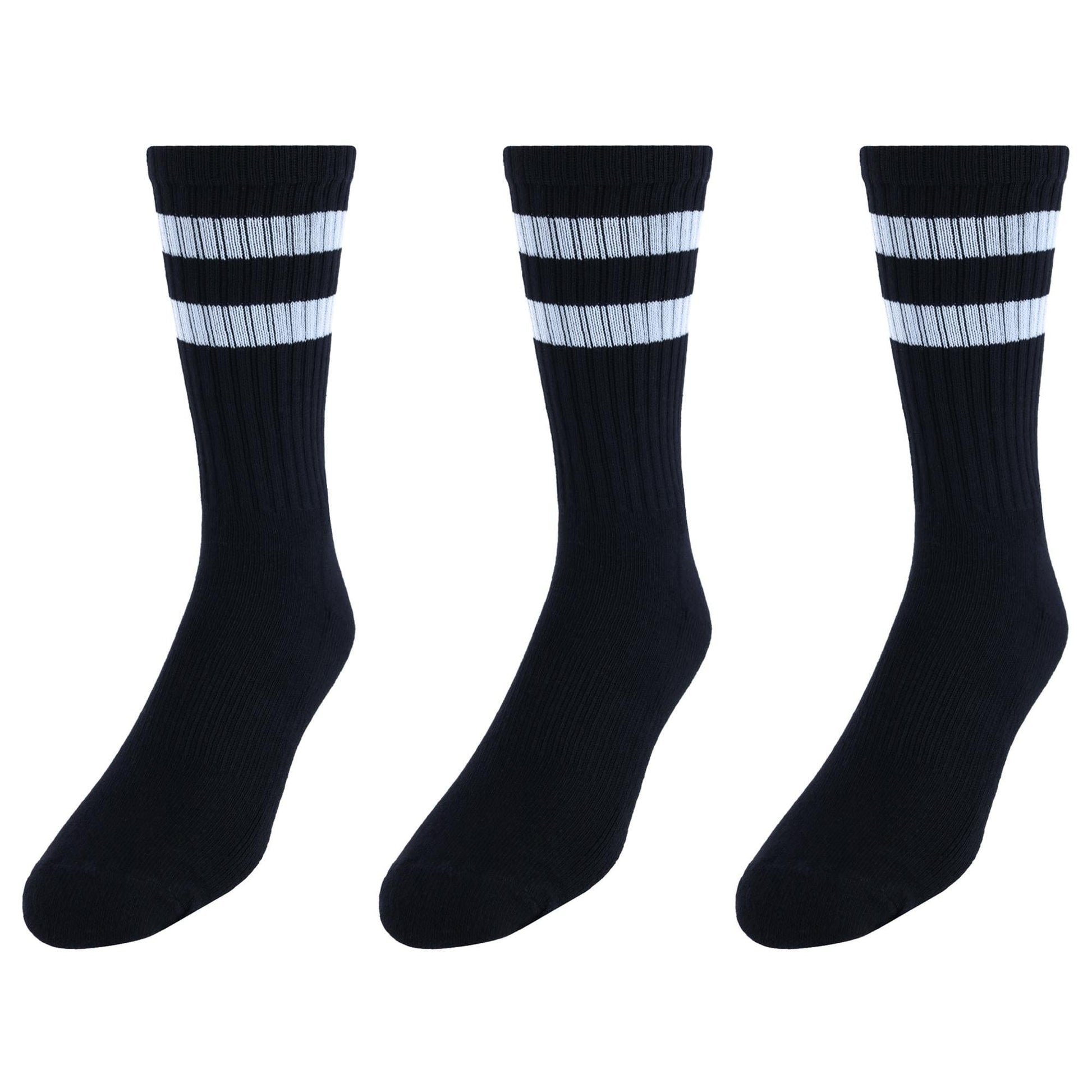 CTM® Men's Crew Striped Socks (3 Pairs) - Black with White Stripes