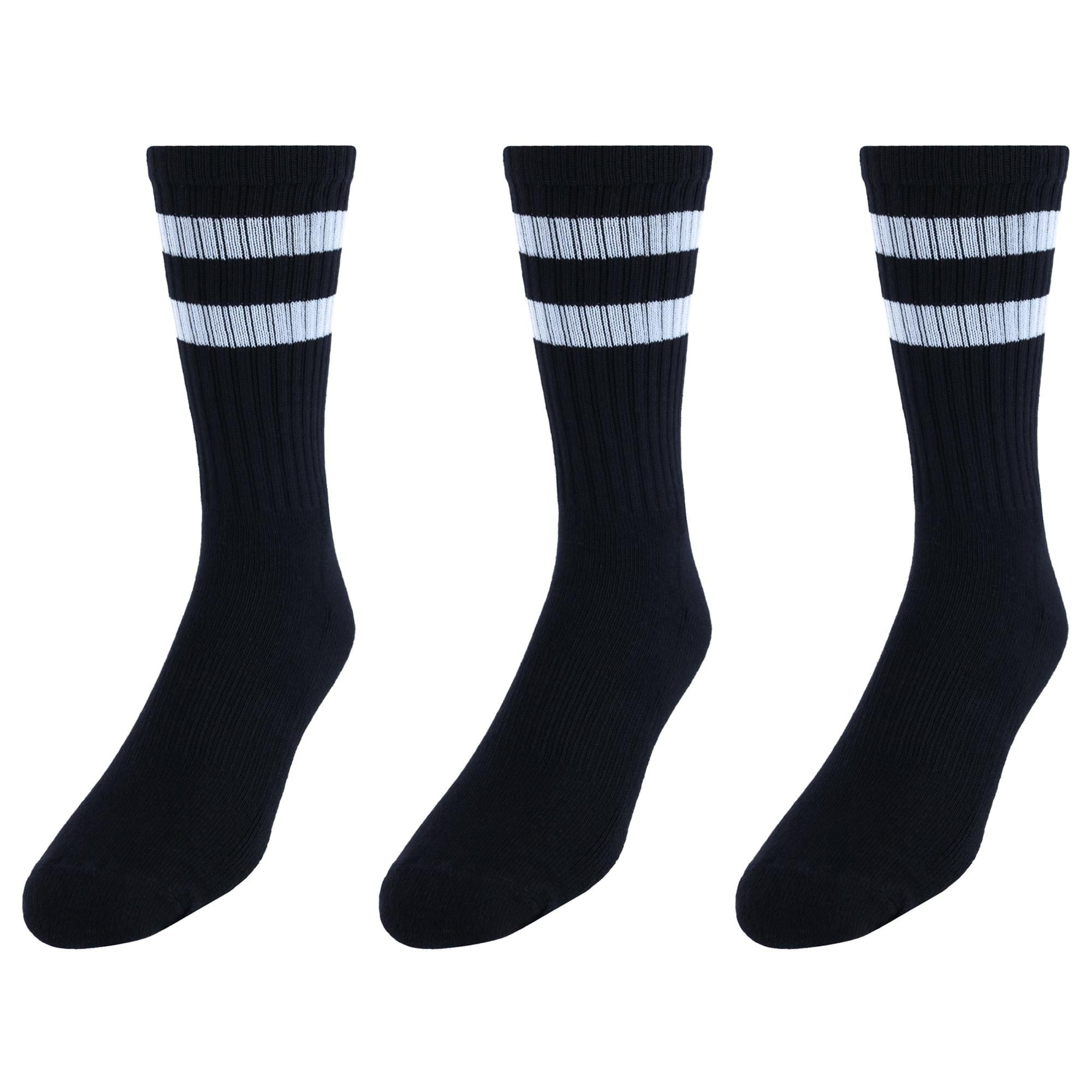 CTM® Men's Crew Striped Socks (3 Pairs) - Black with White Stripes