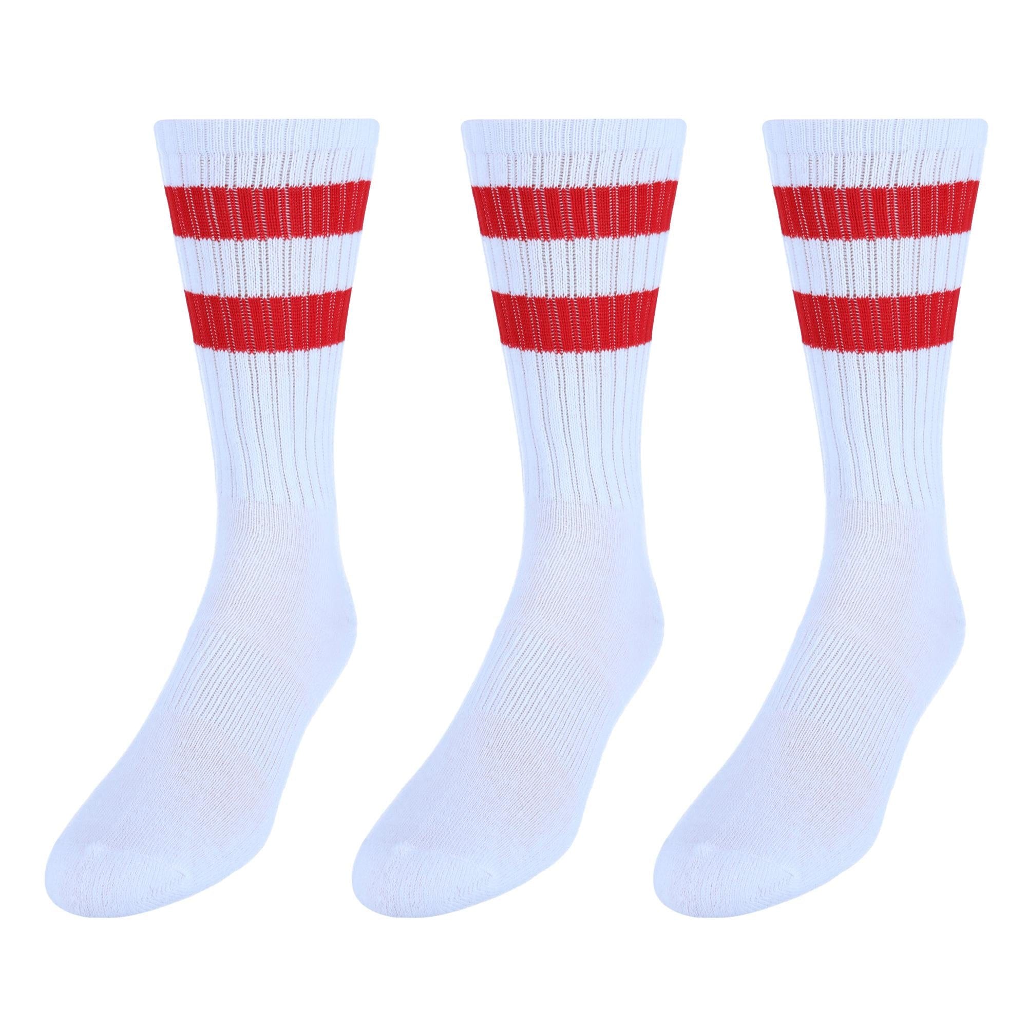 CTM® Men's Crew Striped Socks (3 Pairs) - White with Red Stripes