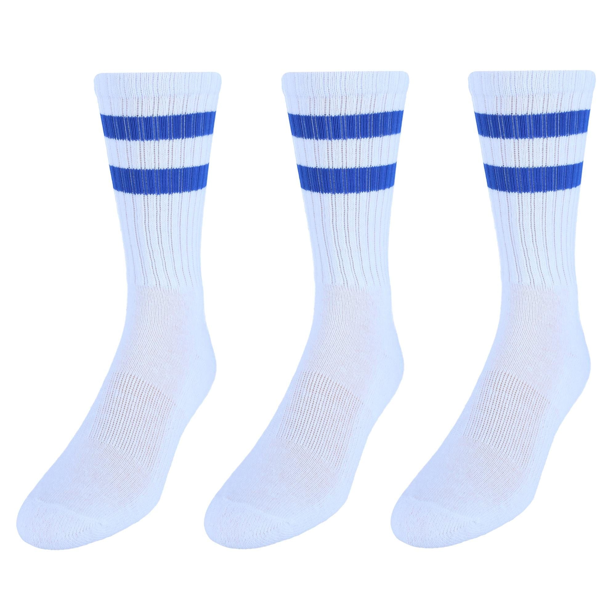 CTM® Men's Crew Striped Socks (3 Pairs) - White with Royal Blue Stripes