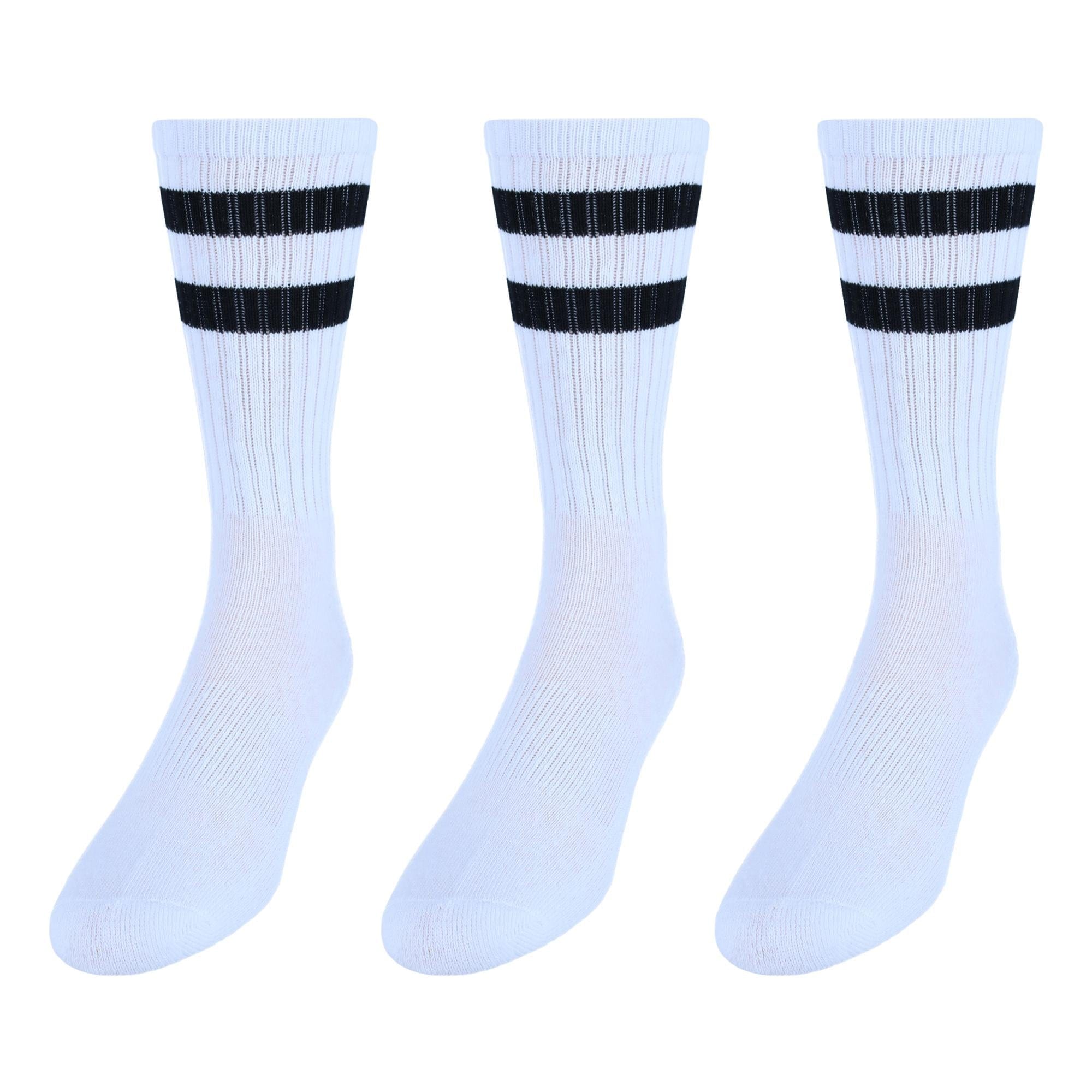 CTM® Men's Crew Striped Socks (3 Pairs) - White with Black Stripes