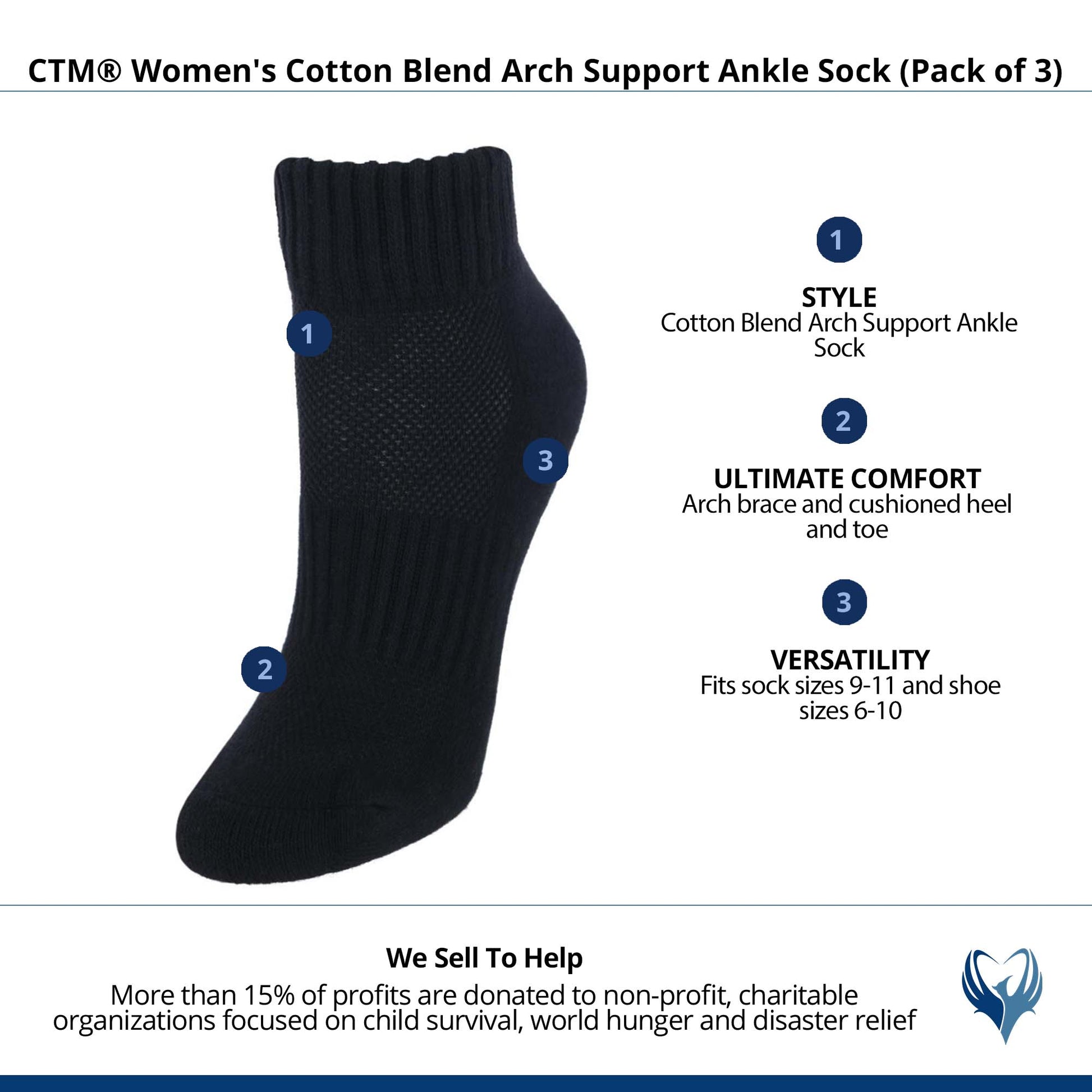 CTM® Women's Cotton Blend Arch Support Ankle Sock (Pack of 3) - Black