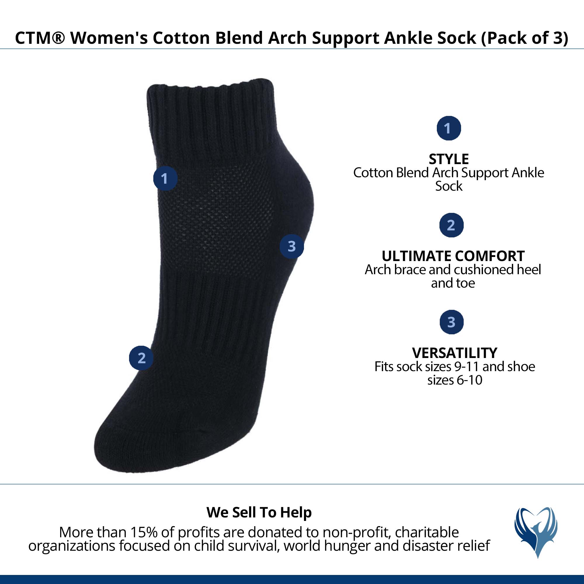 CTM® Women's Cotton Blend Arch Support Ankle Sock (Pack of 3) - Black
