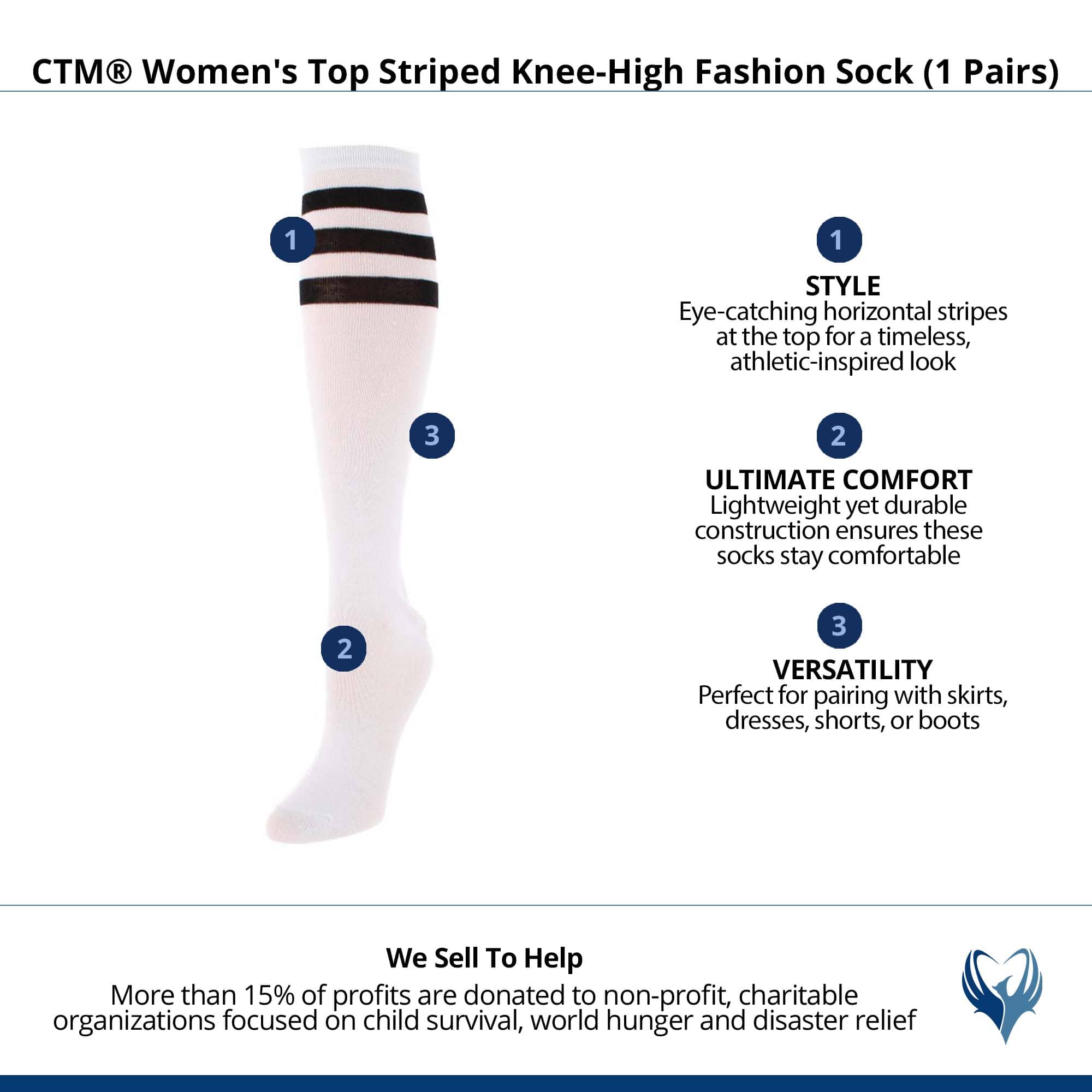CTM® Women's Top Striped Knee-High Fashion Sock (1 Pairs) - White with Black Stripes