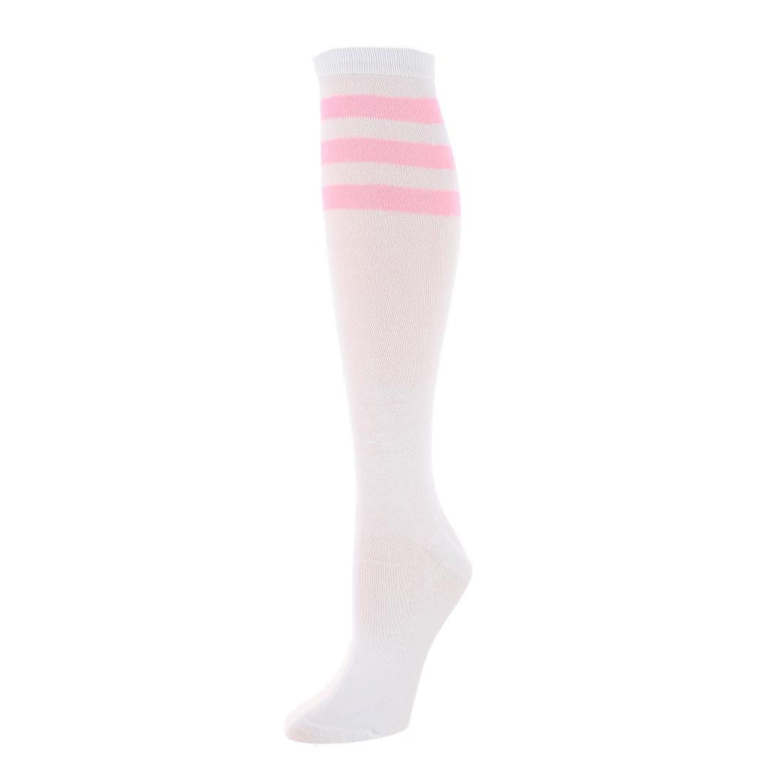 CTM® Women's Top Striped Knee-High Fashion Sock (1 Pairs) - White with Pink Stripes