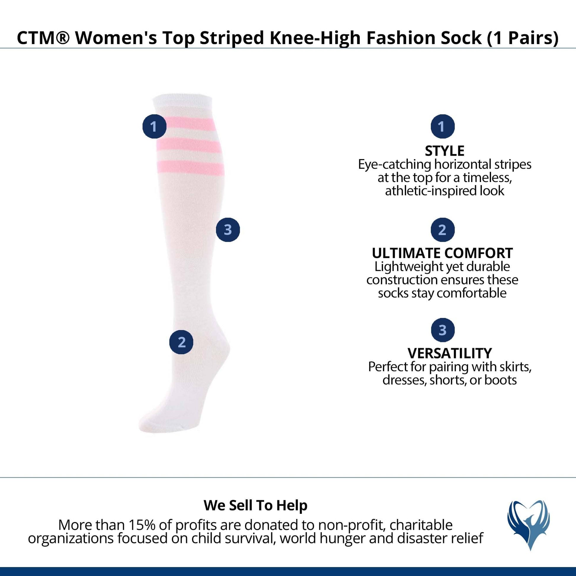 CTM® Women's Top Striped Knee-High Fashion Sock (1 Pairs) - White with Pink Stripes