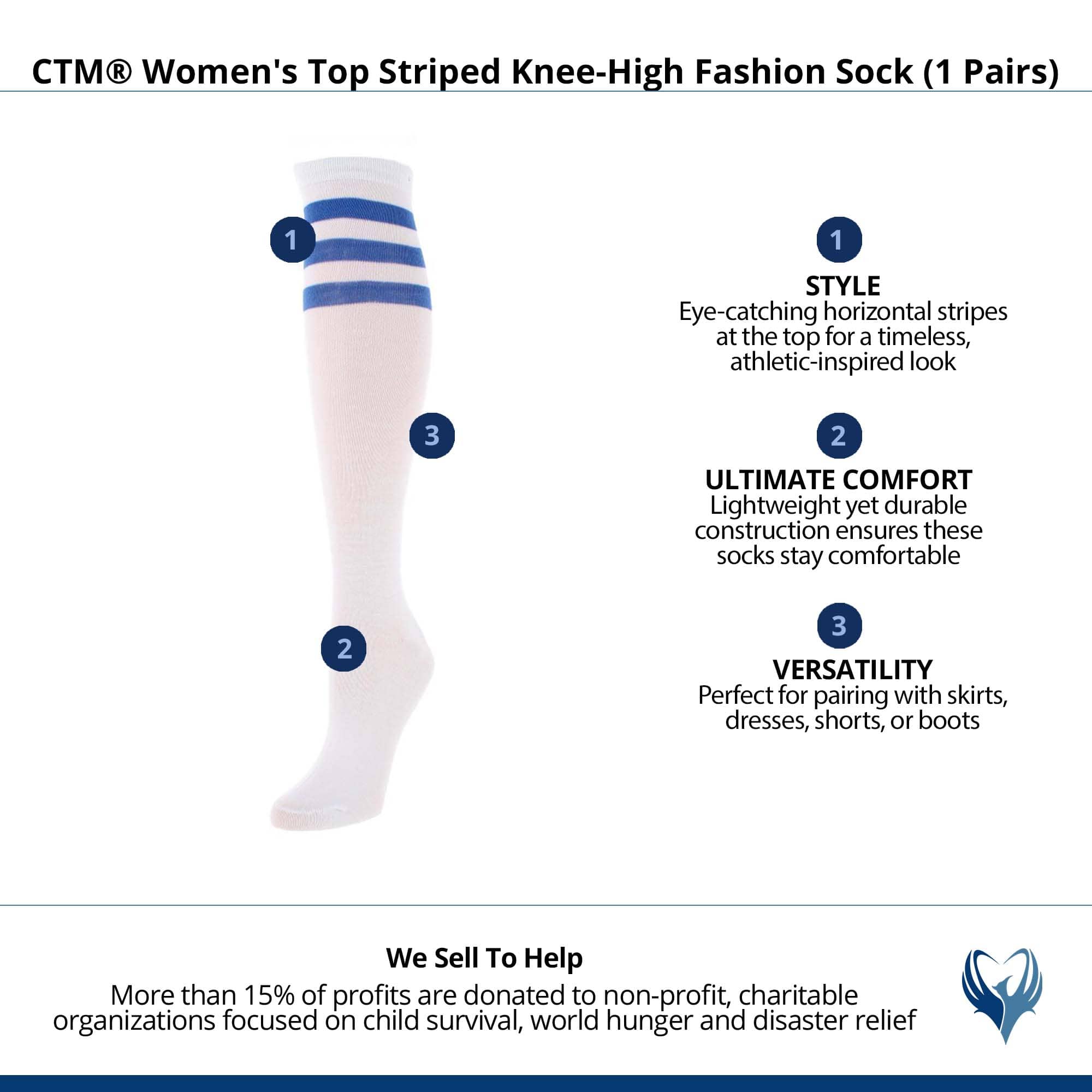 CTM® Women's Top Striped Knee-High Fashion Sock (1 Pairs) - White with Royal Blue Stripes