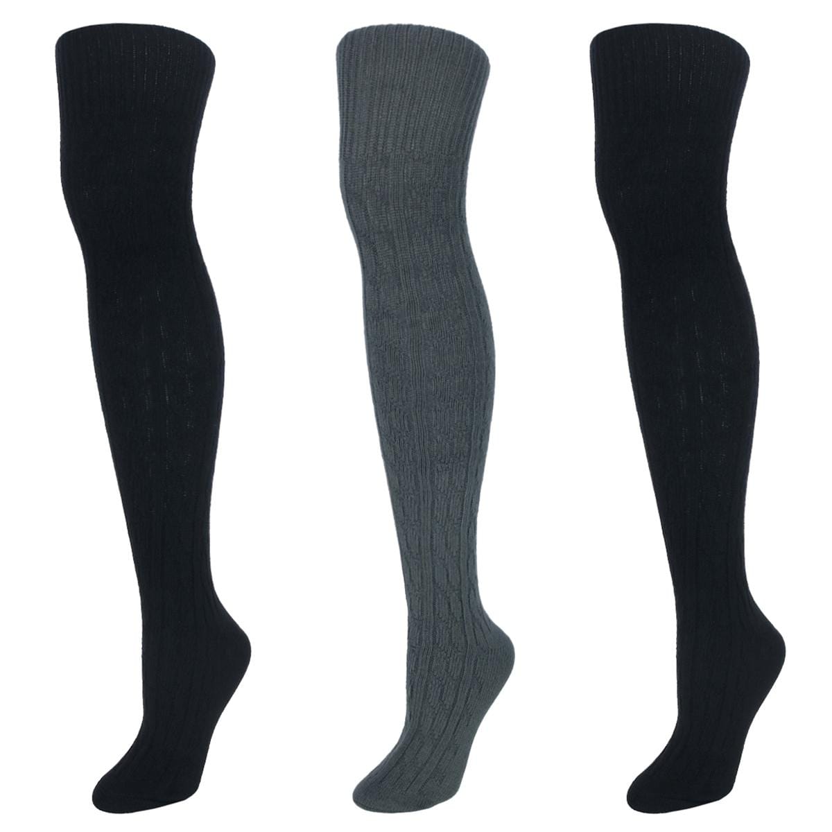 CTM® Women's Cable Knit Over-The-Knee Soft Socks (3 Pairs) - Black, Grey, and Black