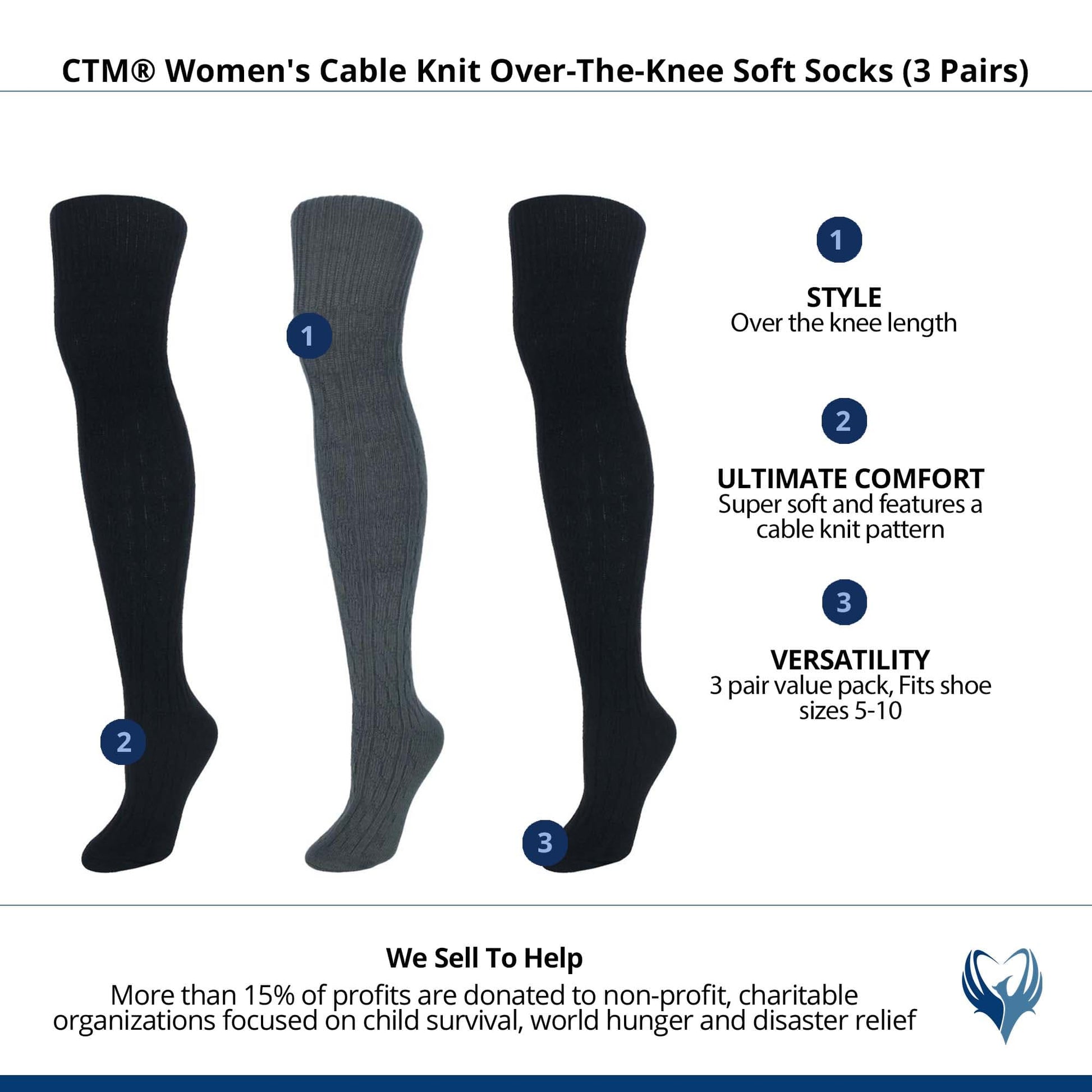 CTM® Women's Cable Knit Over-The-Knee Soft Socks (3 Pairs) - Black, Grey, and Black