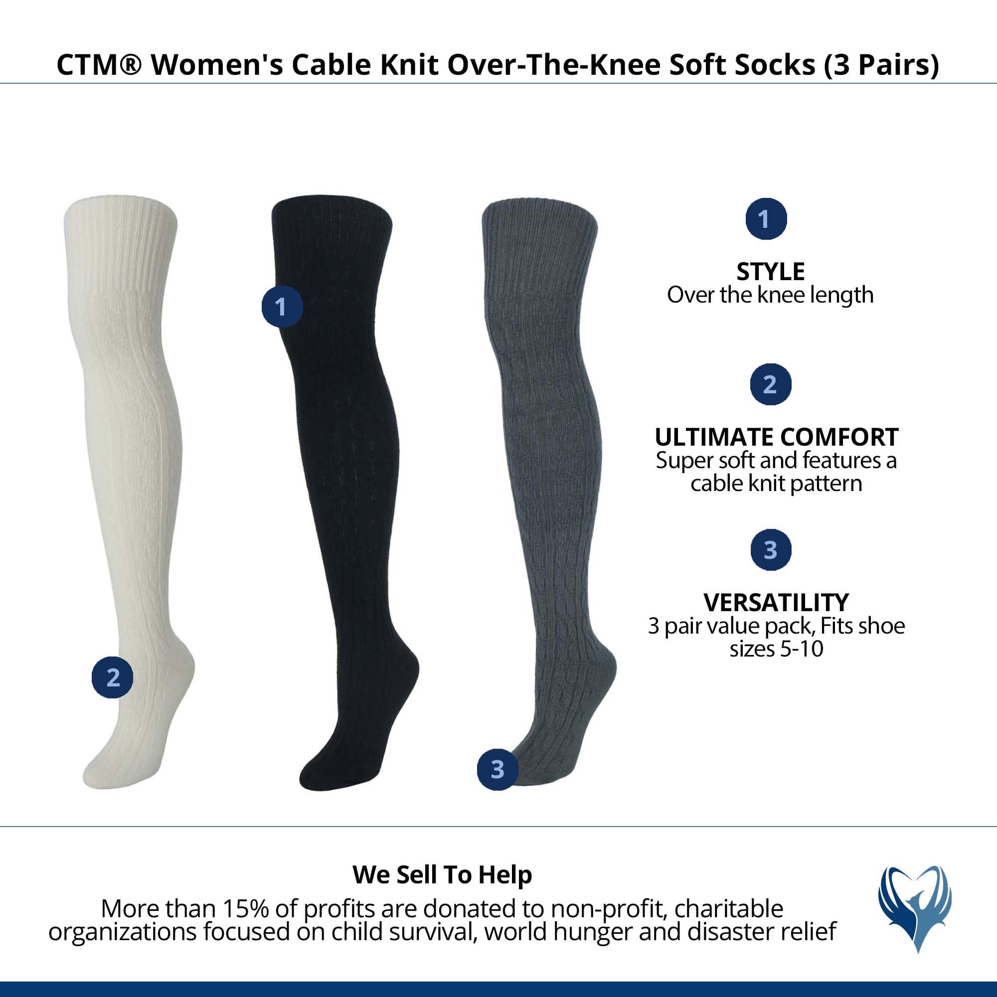 CTM® Women's Cable Knit Over-The-Knee Soft Socks (3 Pairs) - Black, Grey, and Cream