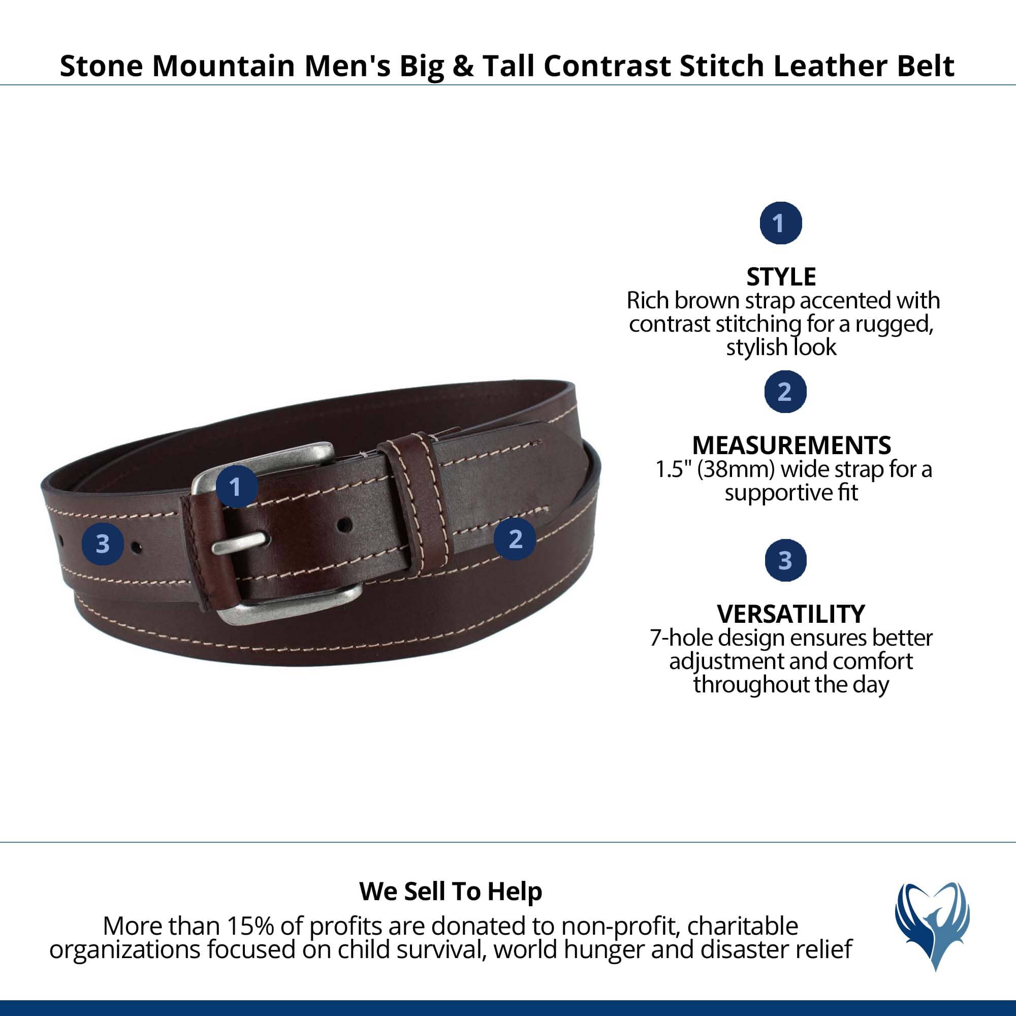 Stone Mountain Men's Big & Tall Contrast Stitch Leather Belt - Brown