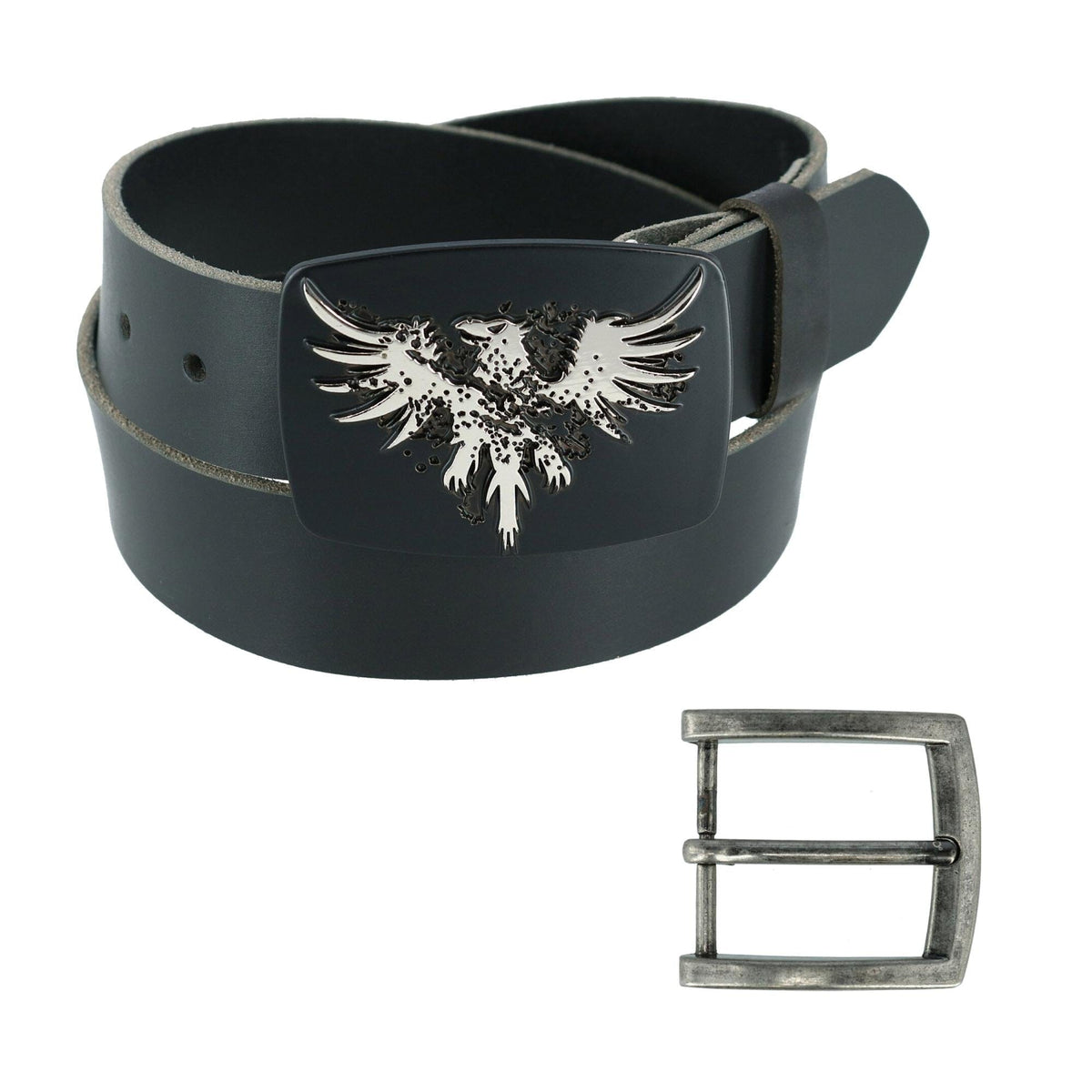 CTM® Men's Leather Bridle Belt with Phoenix Belt Buckle (2 Buckle Set) - Black