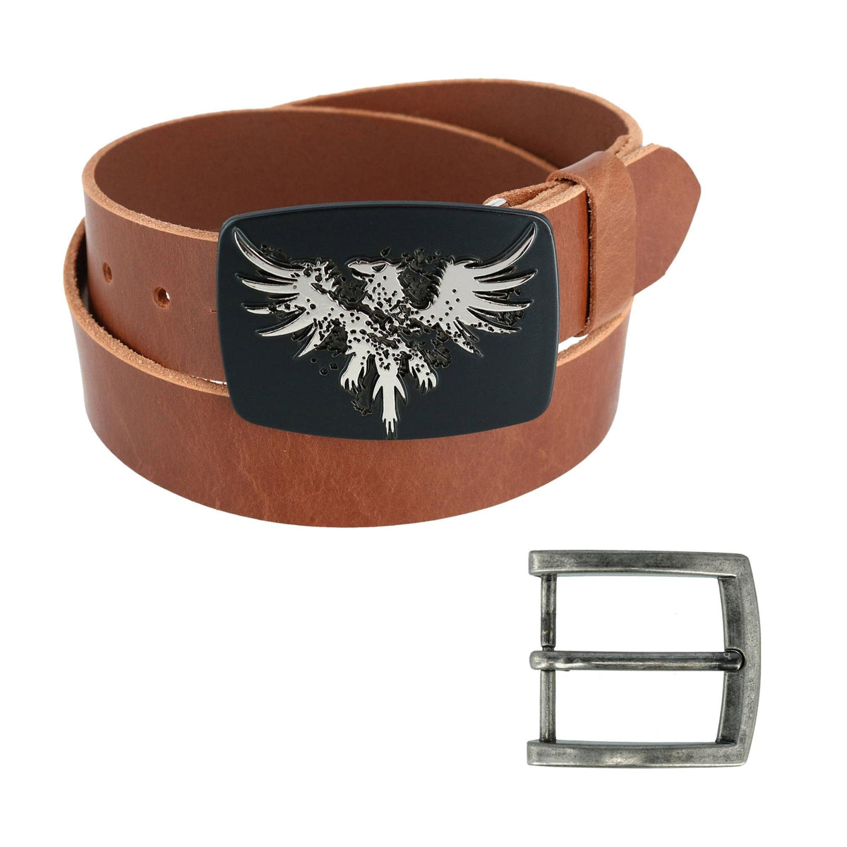 CTM® Men's Leather Bridle Belt with Phoenix Belt Buckle (2 Buckle Set) - Tan