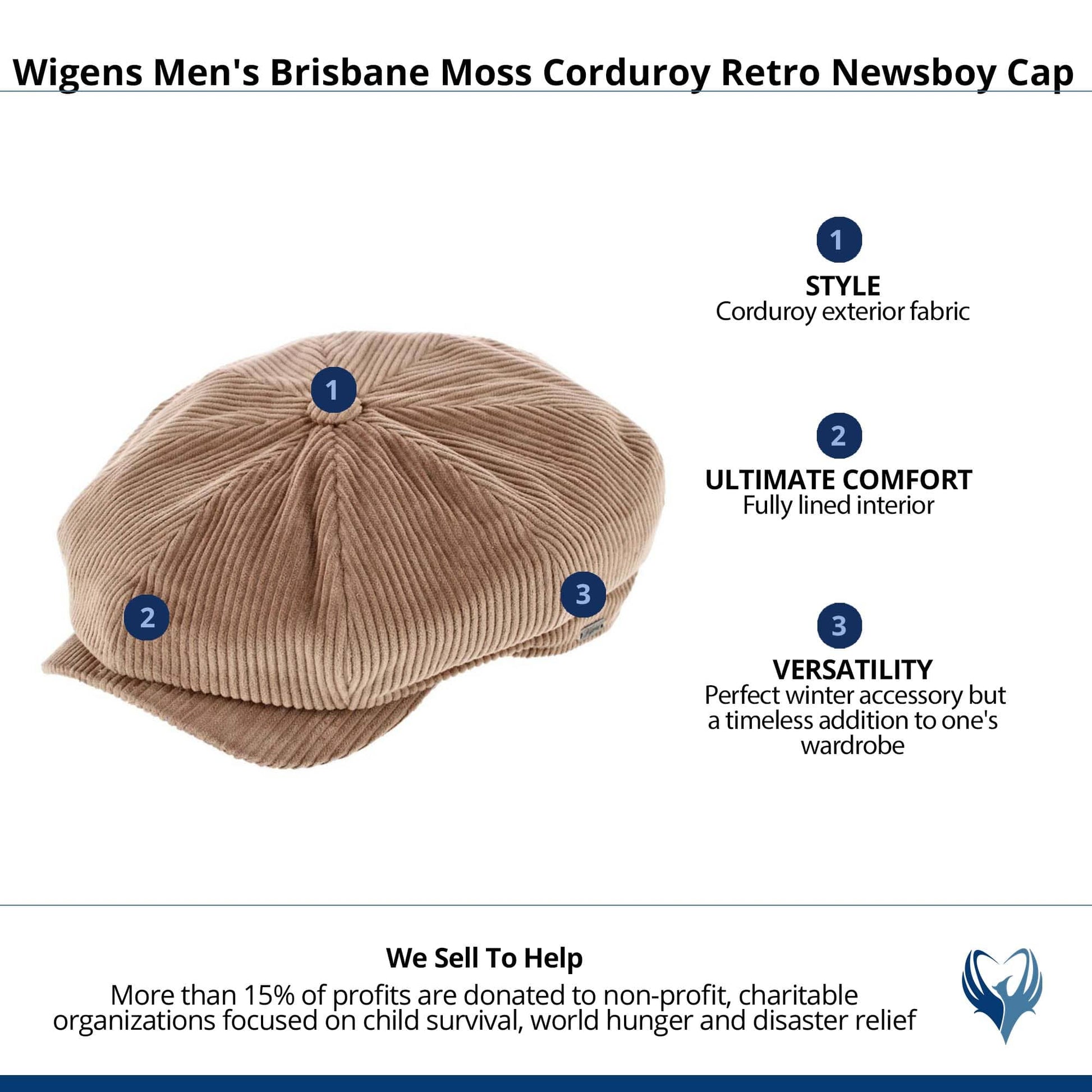 Wigens Men's Brisbane Moss Corduroy Retro Newsboy Cap - Camel