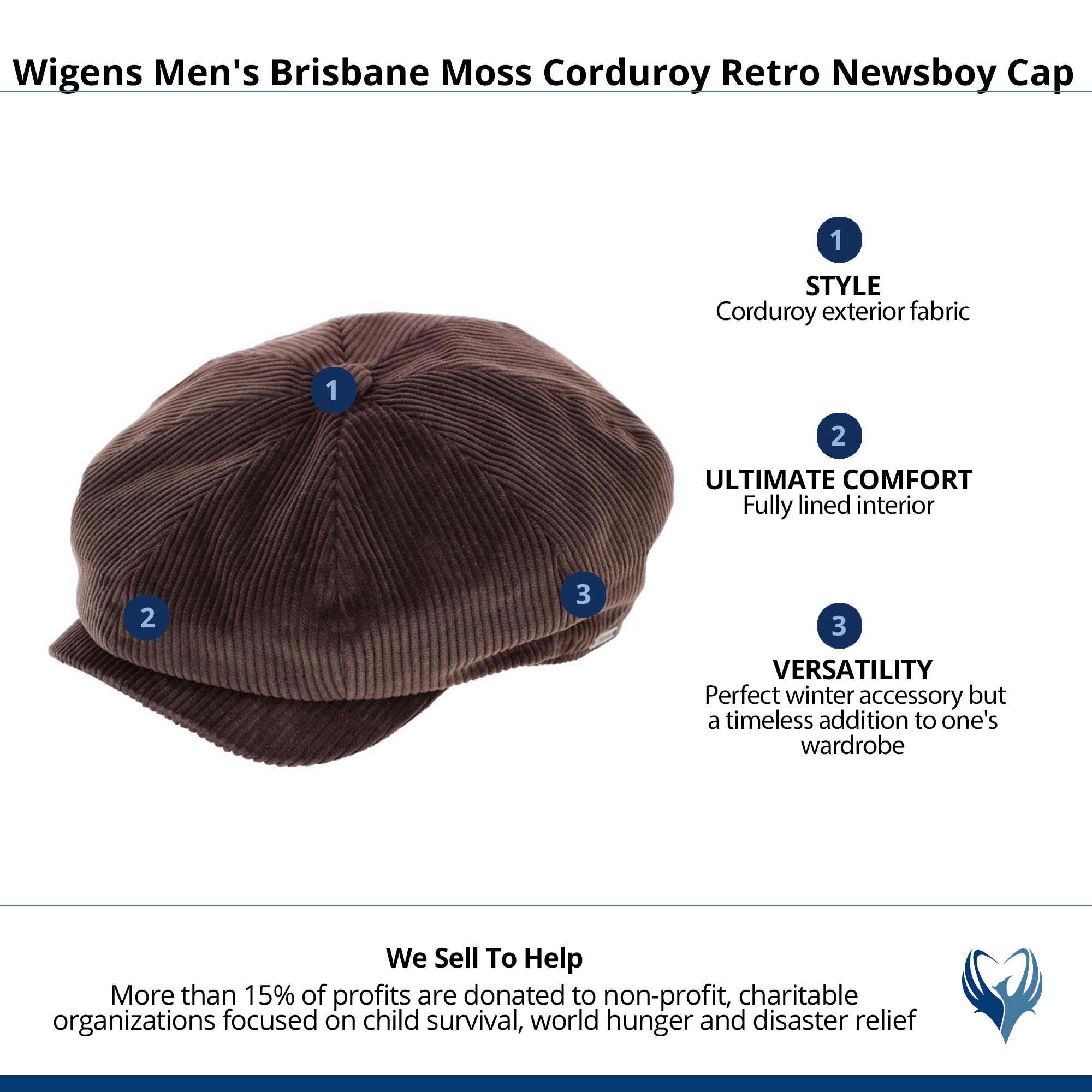 Wigens Men's Brisbane Moss Corduroy Retro Newsboy Cap - Dark Brown