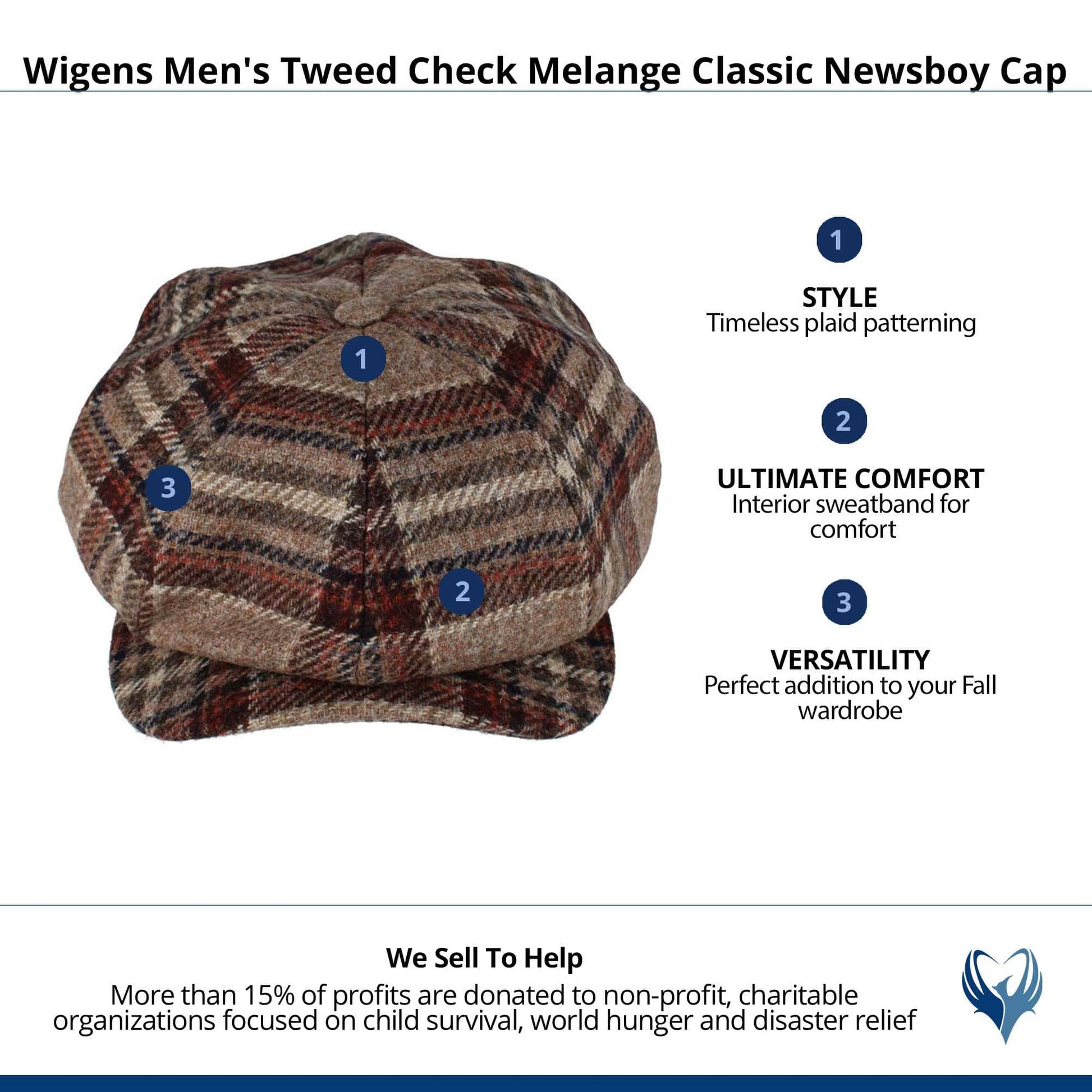 Wigens Men's Tweed Check Melange Classic Newsboy Cap - Beige Melange