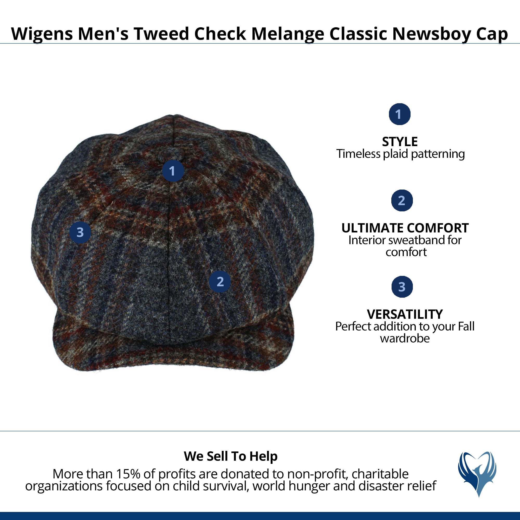 Wigens Men's Tweed Check Melange Classic Newsboy Cap - Navy Melange