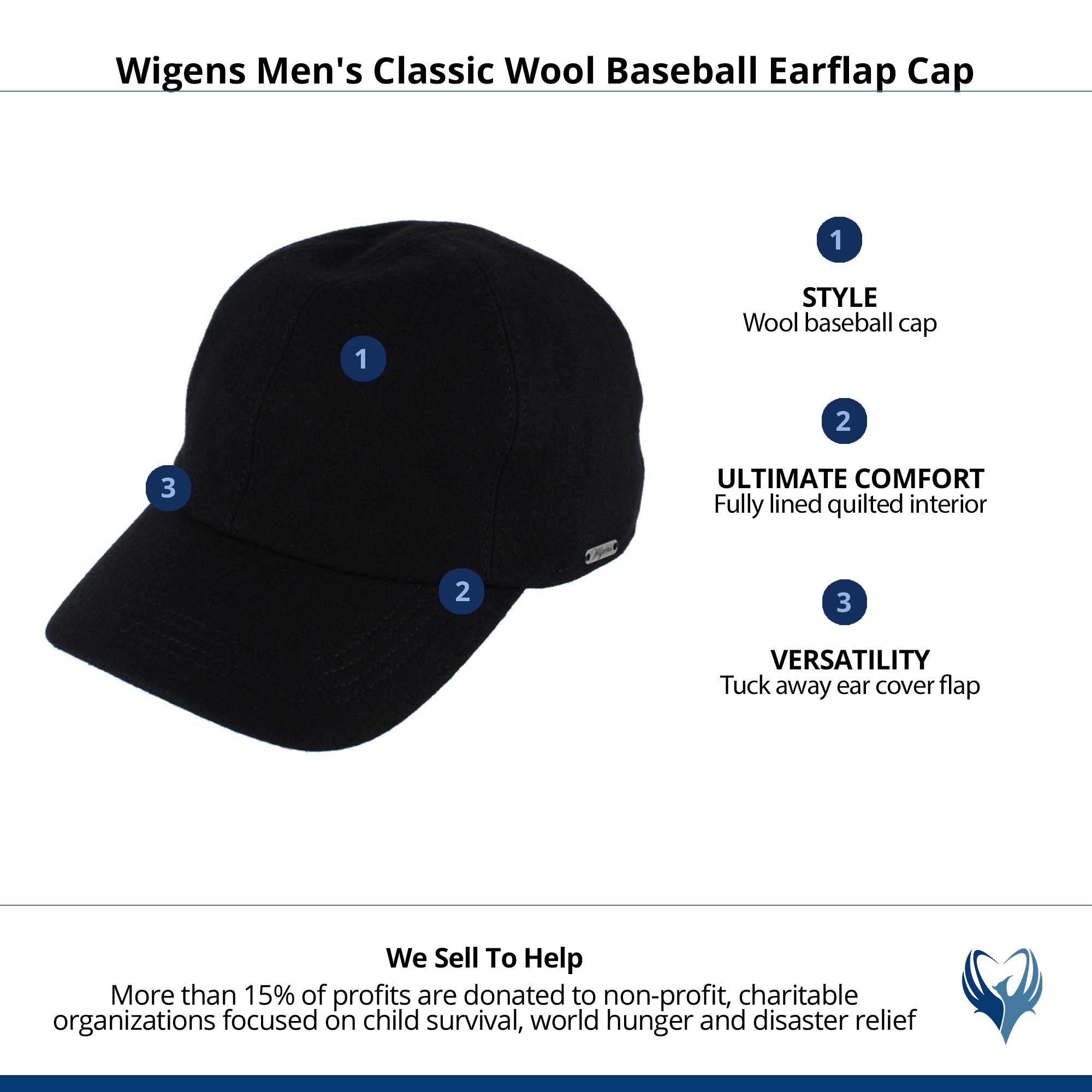 Wigens Men's Classic Wool Baseball Earflap Cap - Black