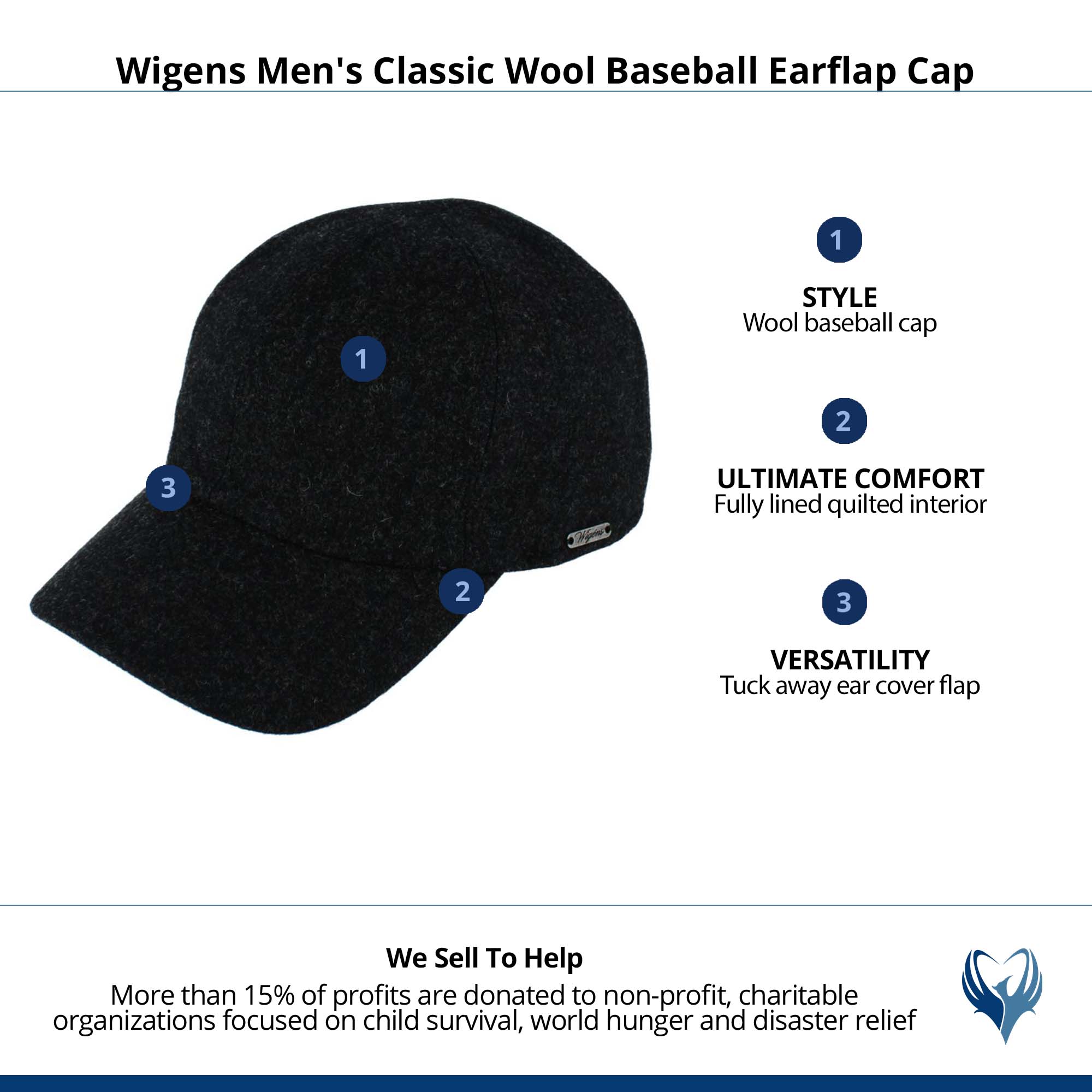 Wigens Men's Classic Wool Baseball Earflap Cap - Dark Gray