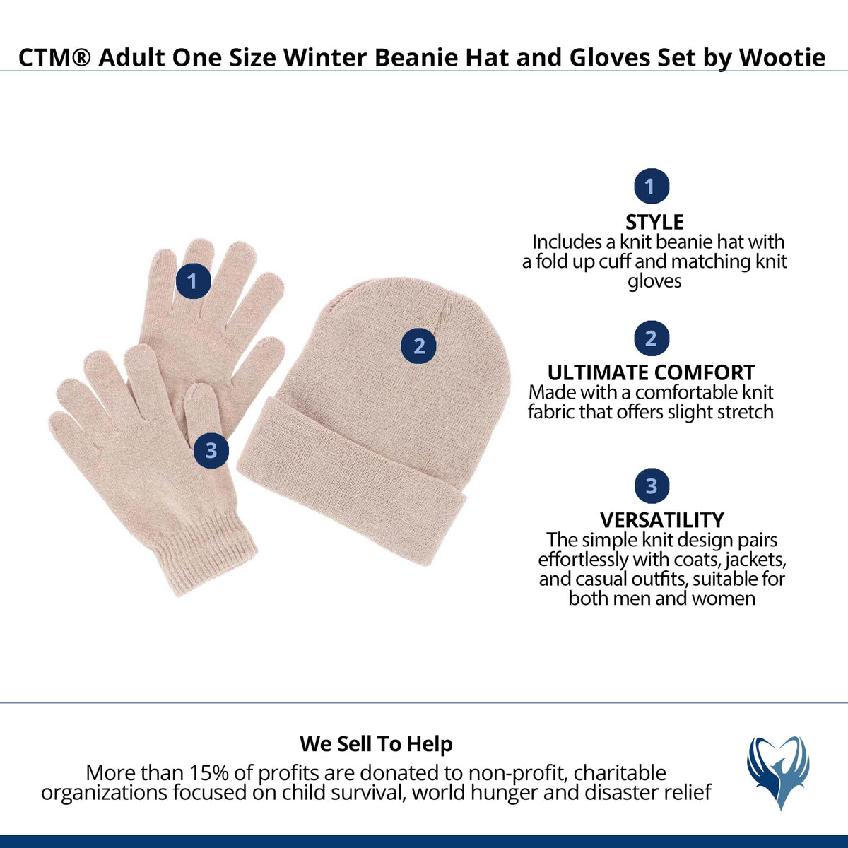 CTM® Adult One Size Winter Beanie Hat and Gloves Set by Wootie - Beige