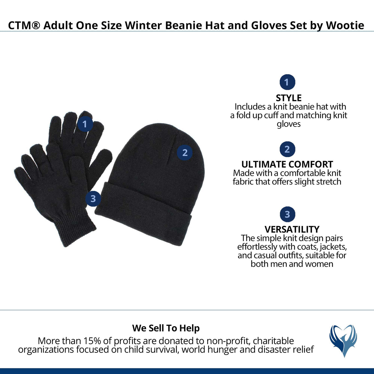 CTM® Adult One Size Winter Beanie Hat and Gloves Set by Wootie - Black