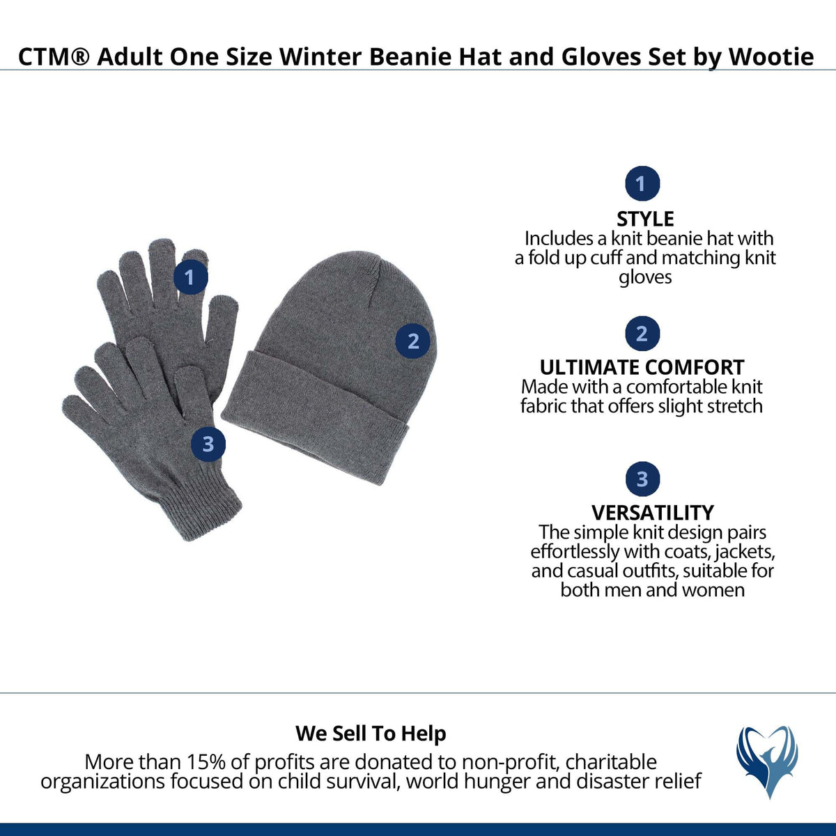CTM® Adult One Size Winter Beanie Hat and Gloves Set by Wootie - Gray
