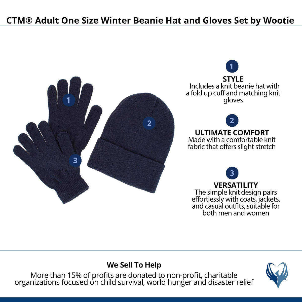 CTM® Adult One Size Winter Beanie Hat and Gloves Set by Wootie - Navy