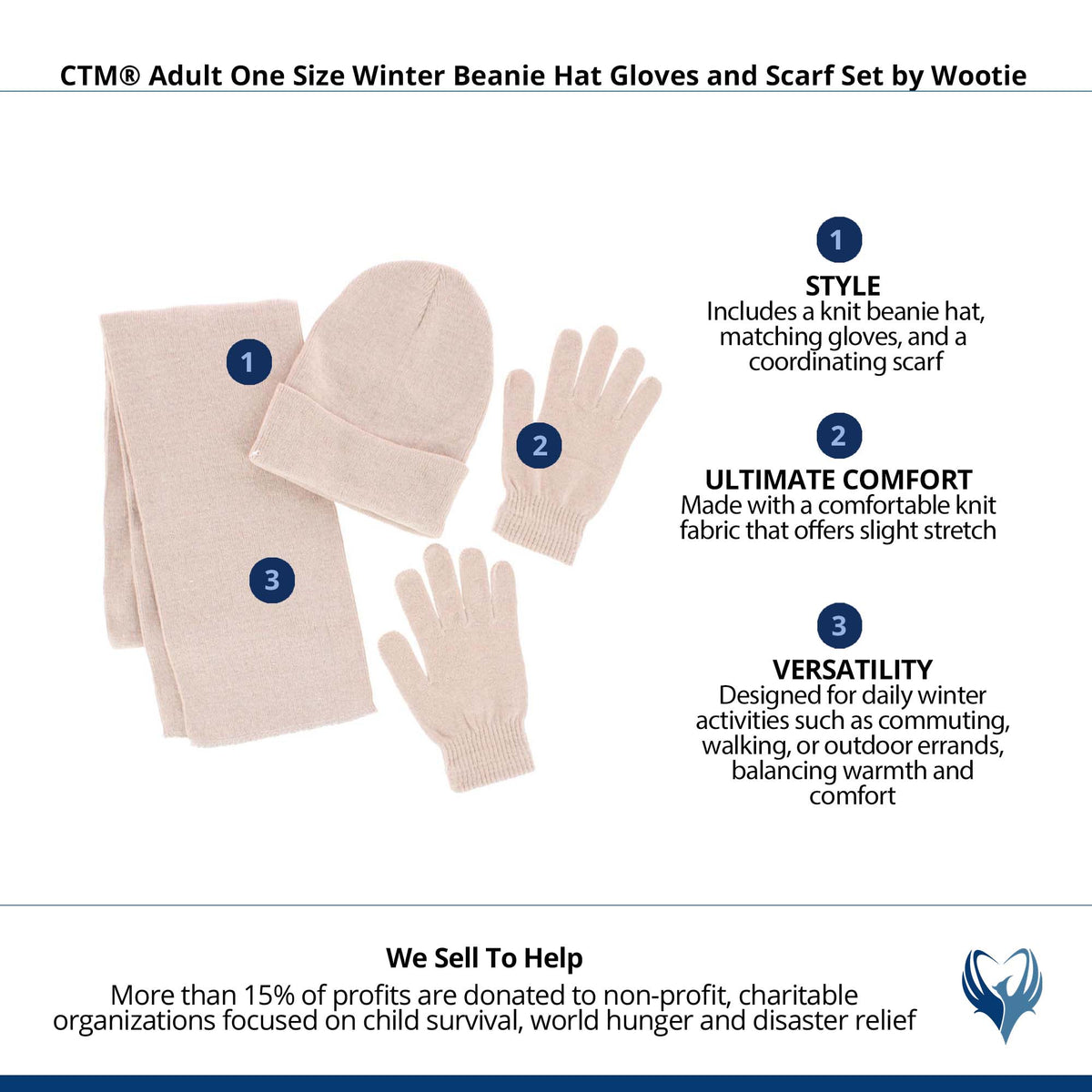 CTM® Adult One Size Winter Beanie Hat Gloves and Scarf Set by Wootie - Beige