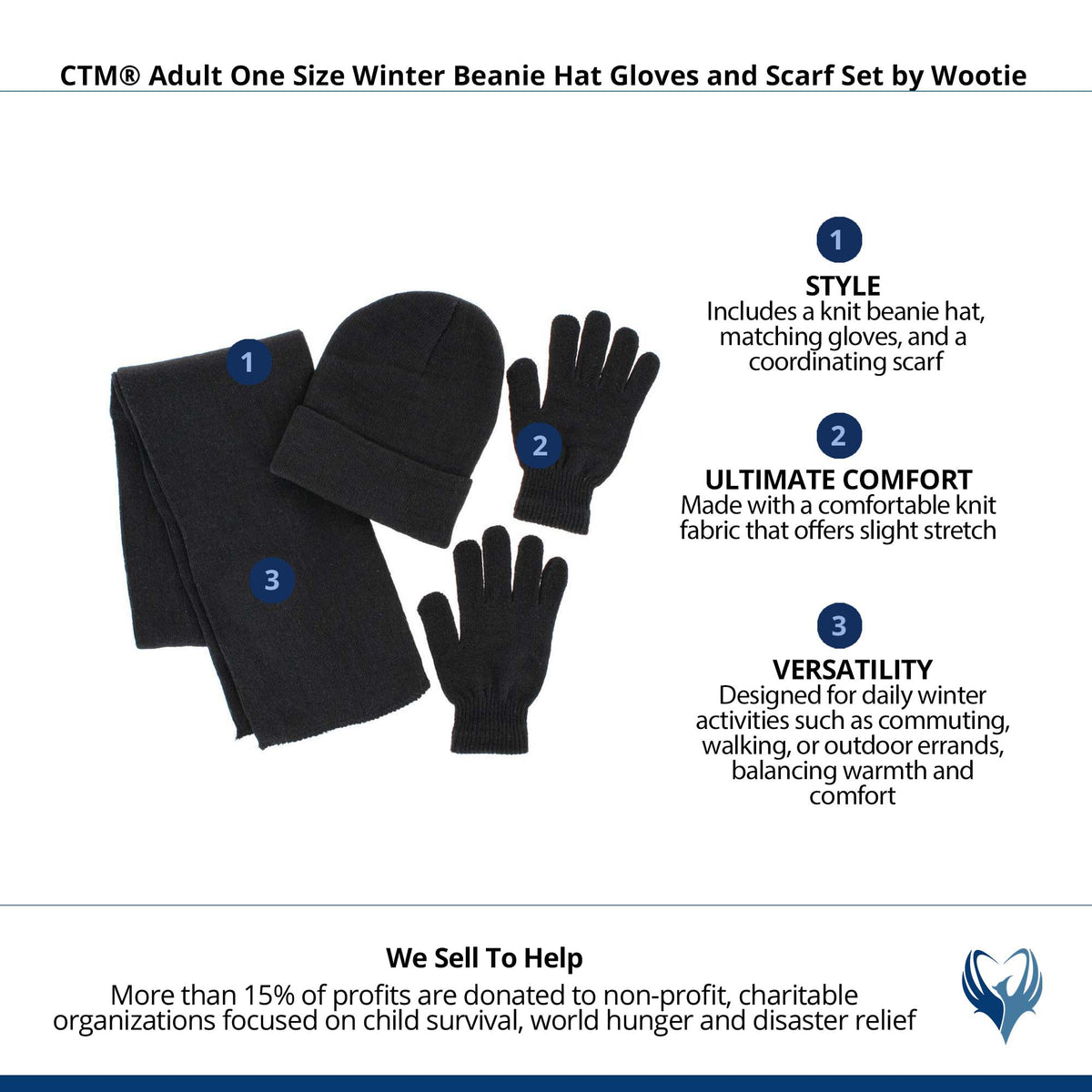 CTM® Adult One Size Winter Beanie Hat Gloves and Scarf Set by Wootie - Black