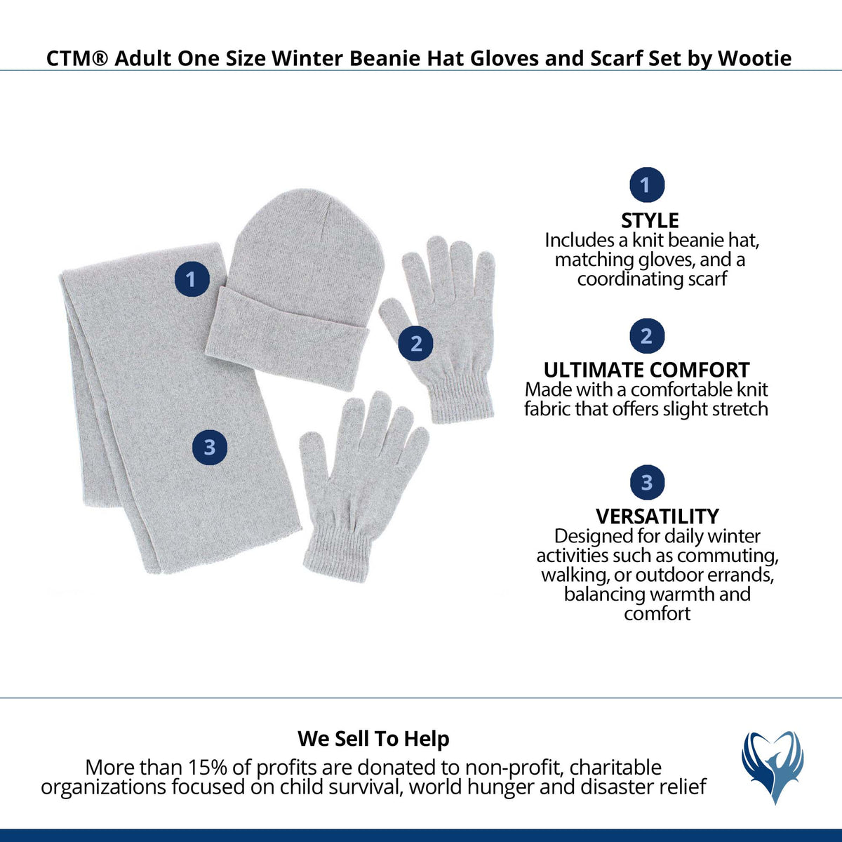 CTM® Adult One Size Winter Beanie Hat Gloves and Scarf Set by Wootie - Gray