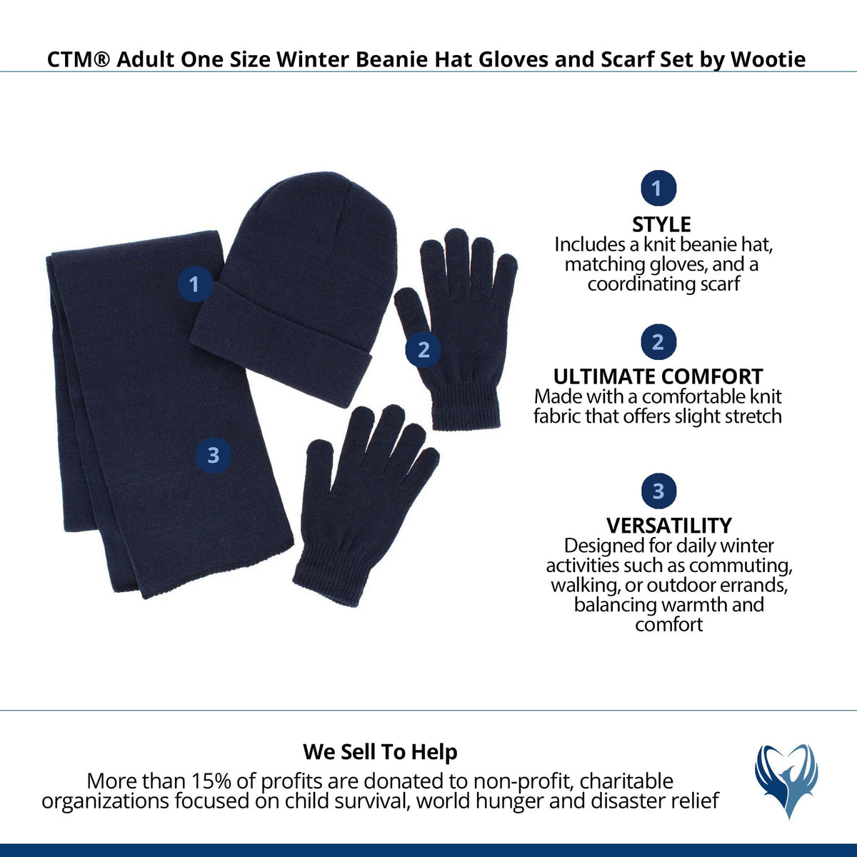 CTM® Adult One Size Winter Beanie Hat Gloves and Scarf Set by Wootie - Navy