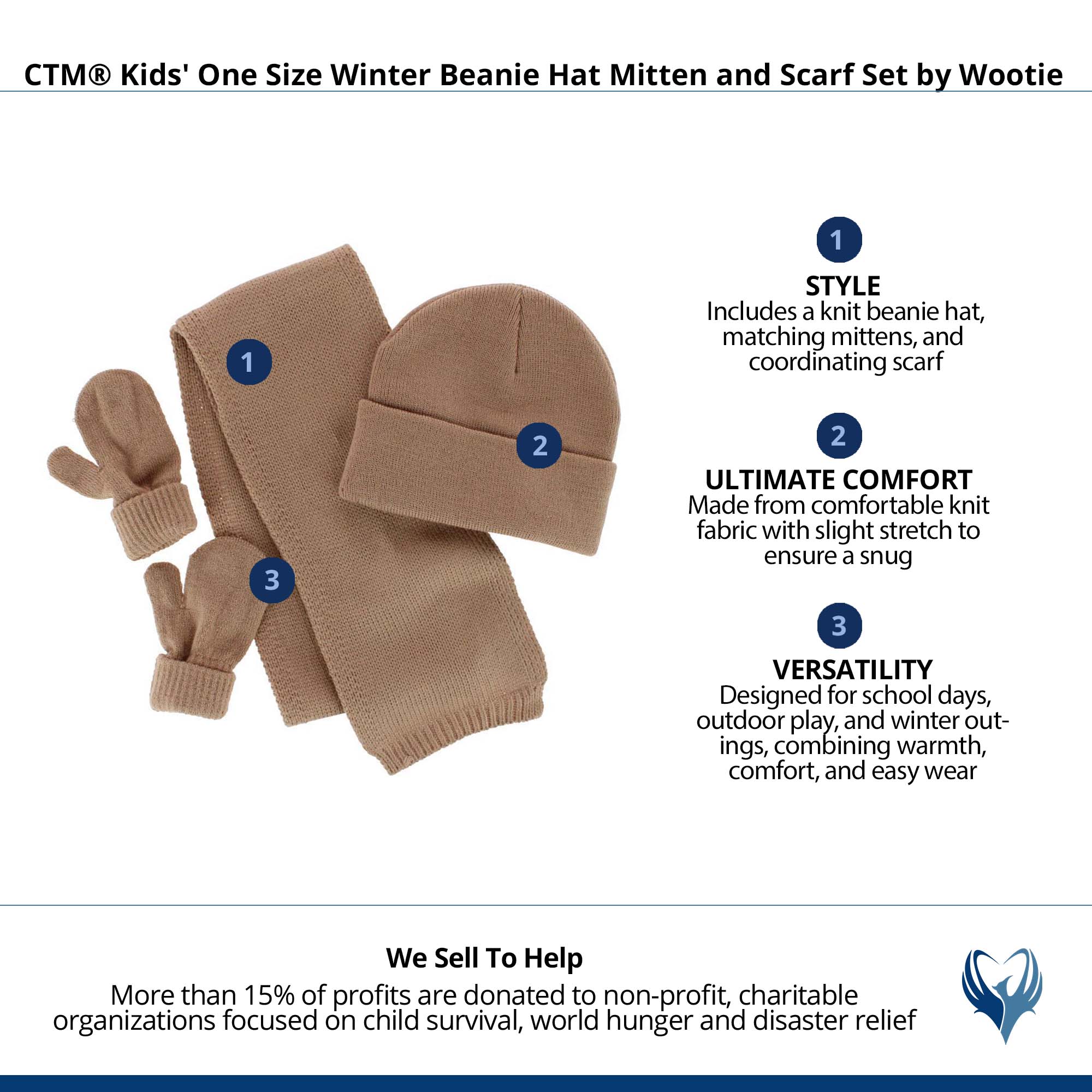 CTM® Kids' One Size Winter Beanie Hat Mitten and Scarf Set by Wootie - Beige