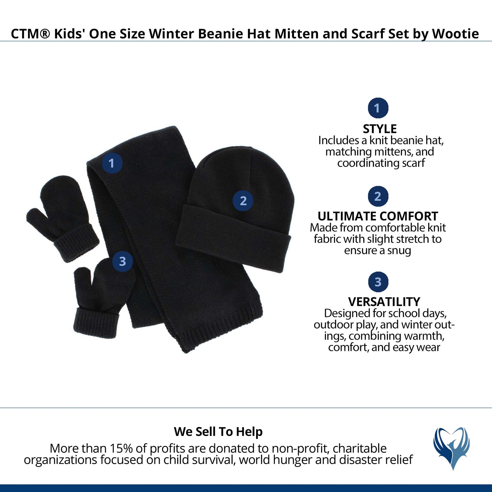 CTM® Kids' One Size Winter Beanie Hat Mitten and Scarf Set by Wootie - Black