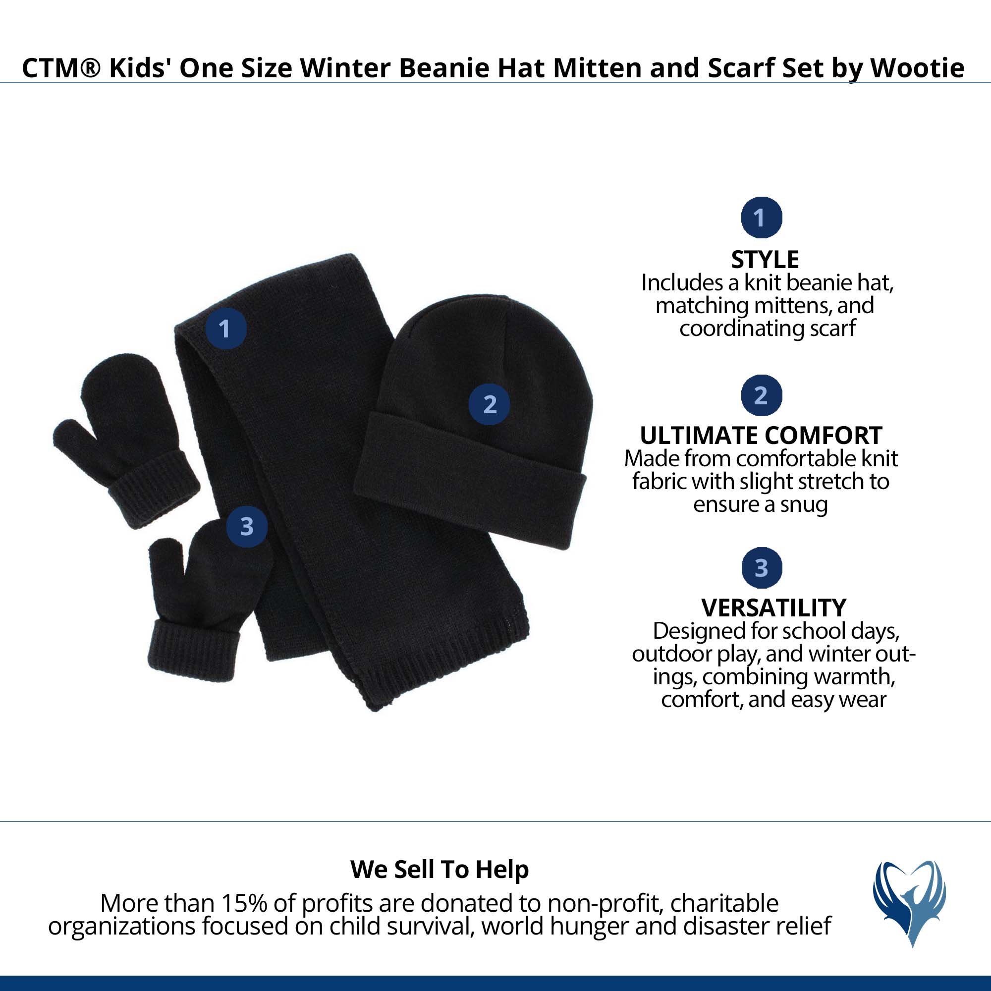 CTM® Kids' One Size Winter Beanie Hat Mitten and Scarf Set by Wootie - Black