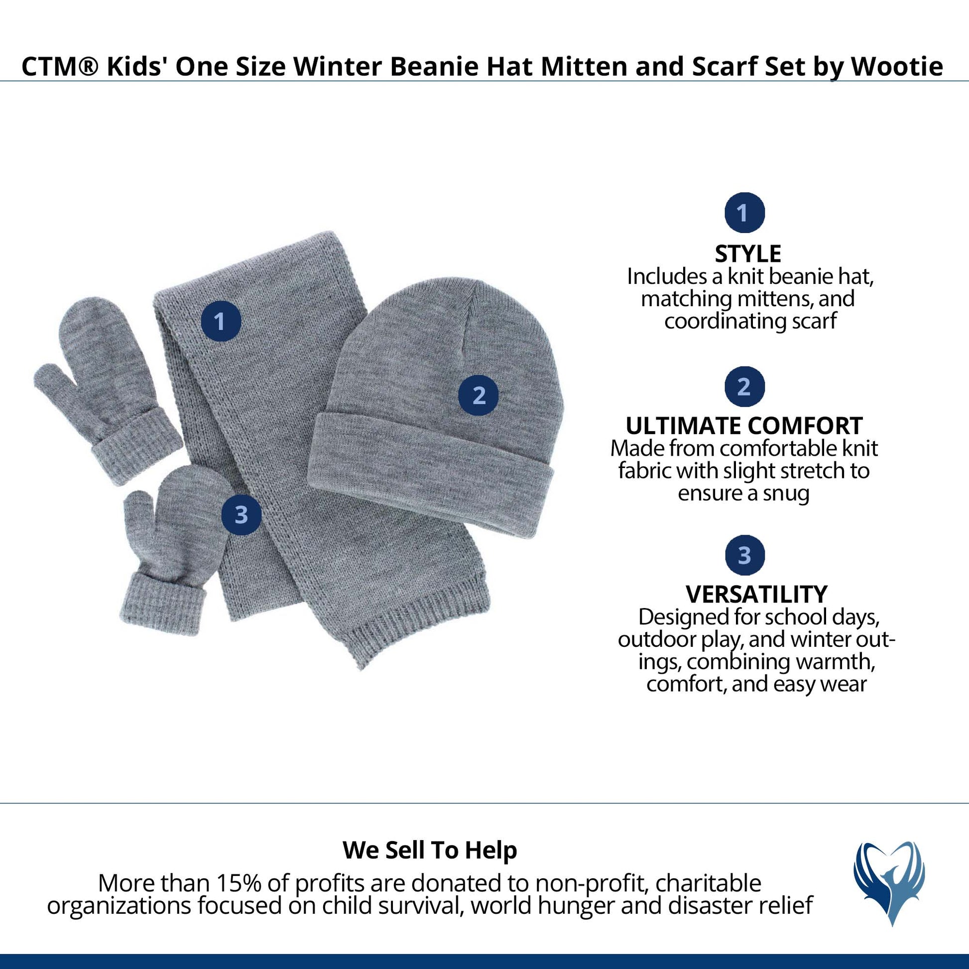 CTM® Kids' One Size Winter Beanie Hat Mitten and Scarf Set by Wootie - Gray