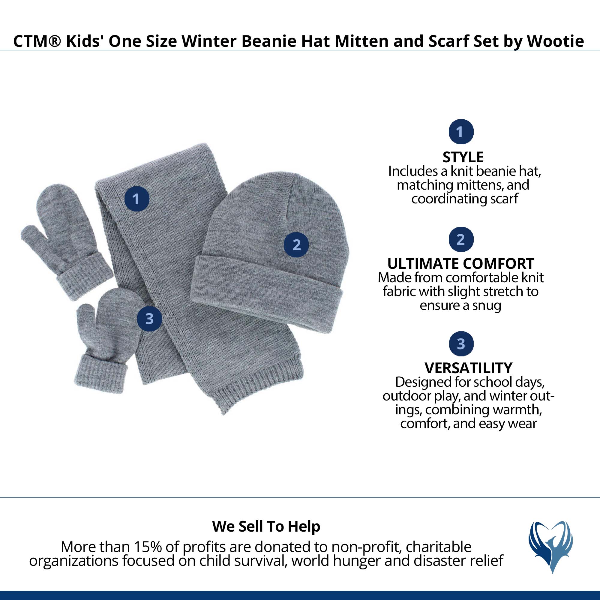 CTM® Kids' One Size Winter Beanie Hat Mitten and Scarf Set by Wootie - Gray