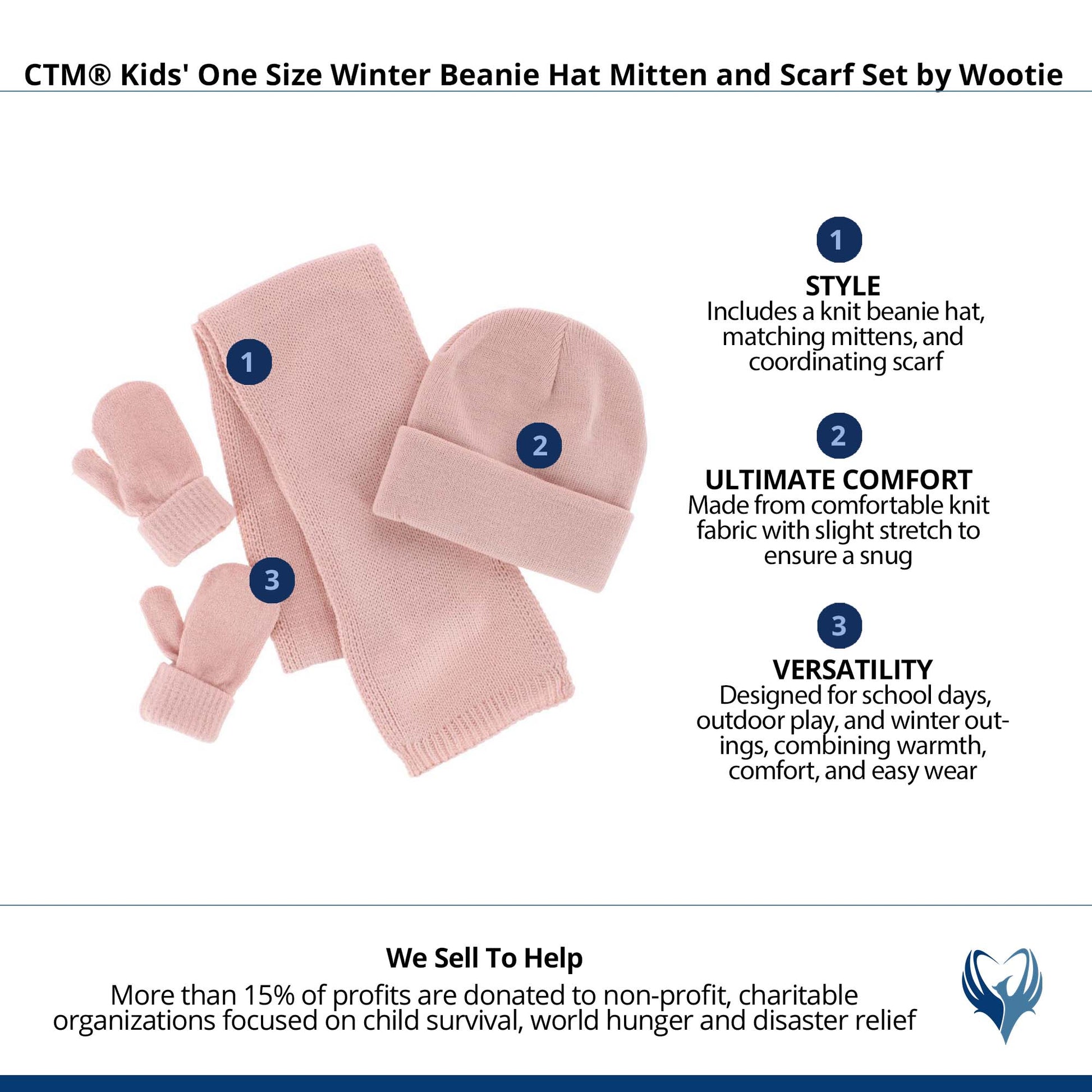 CTM® Kids' One Size Winter Beanie Hat Mitten and Scarf Set by Wootie - Pink