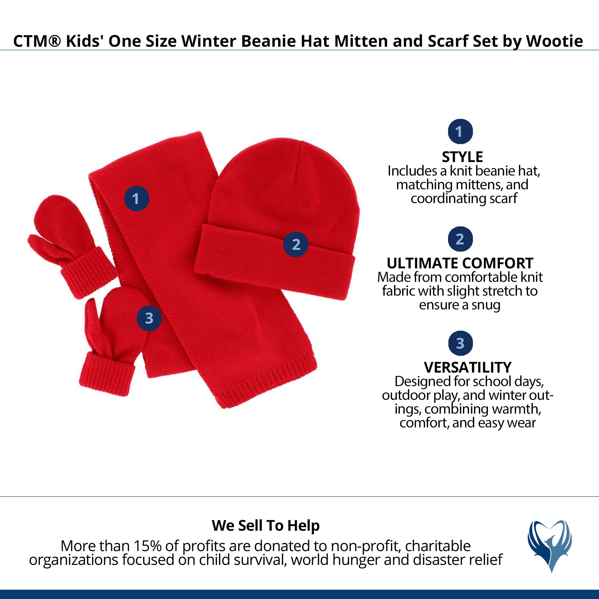 CTM® Kids' One Size Winter Beanie Hat Mitten and Scarf Set by Wootie - Red