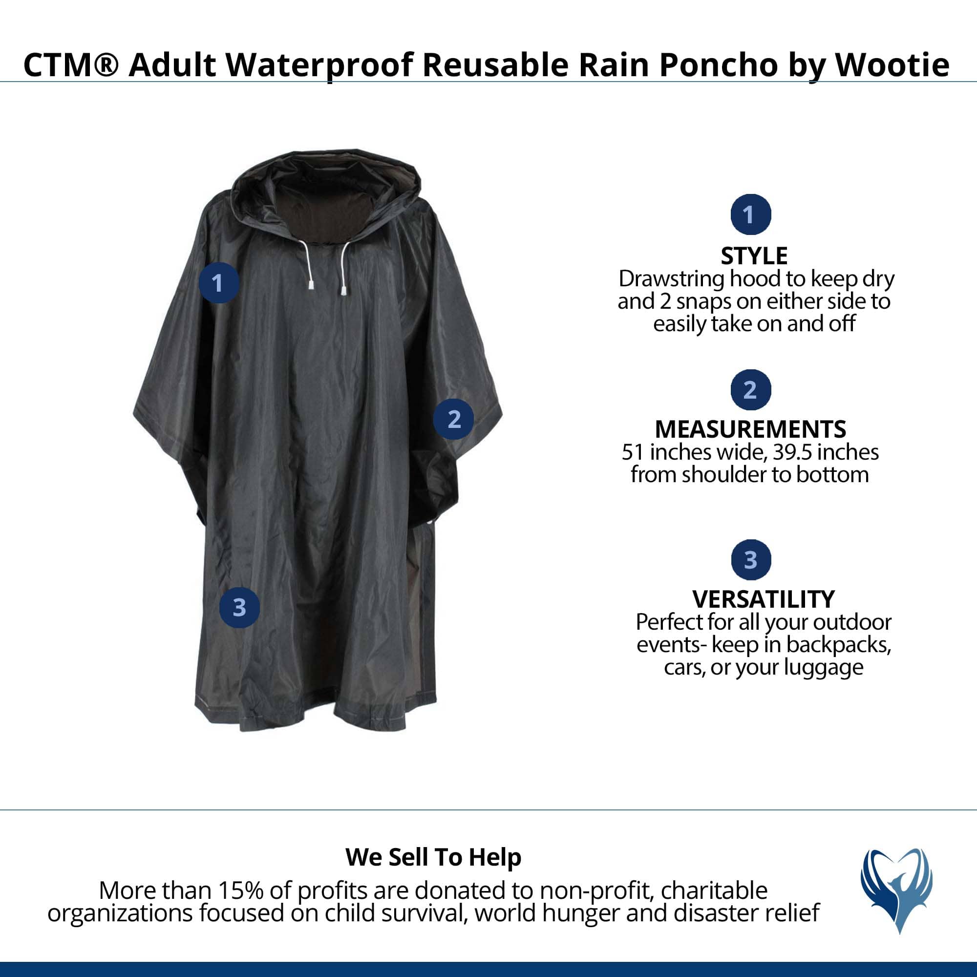 CTM® Adult Waterproof Reusable Rain Poncho by Wootie - Black