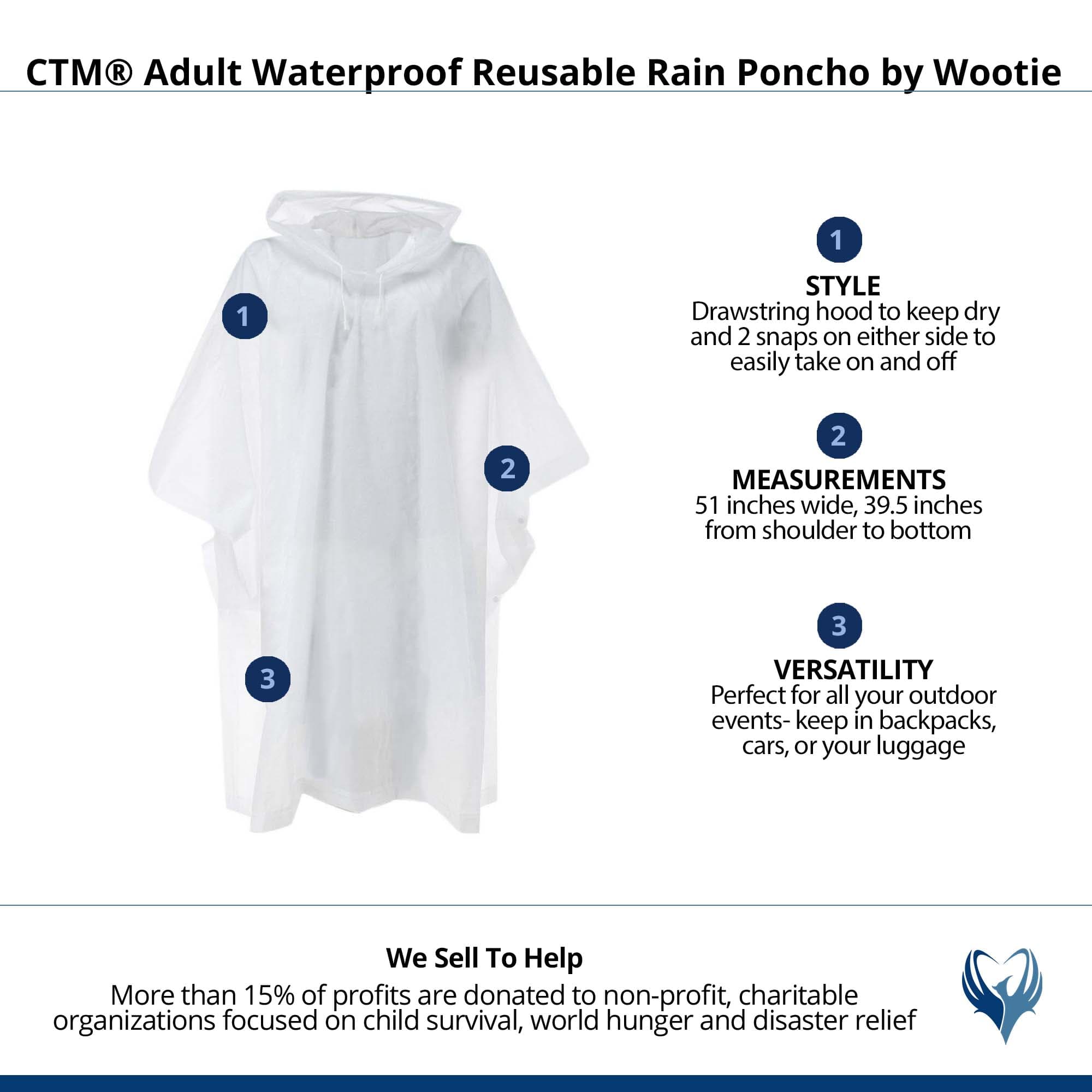 CTM® Adult Waterproof Reusable Rain Poncho by Wootie - Clear