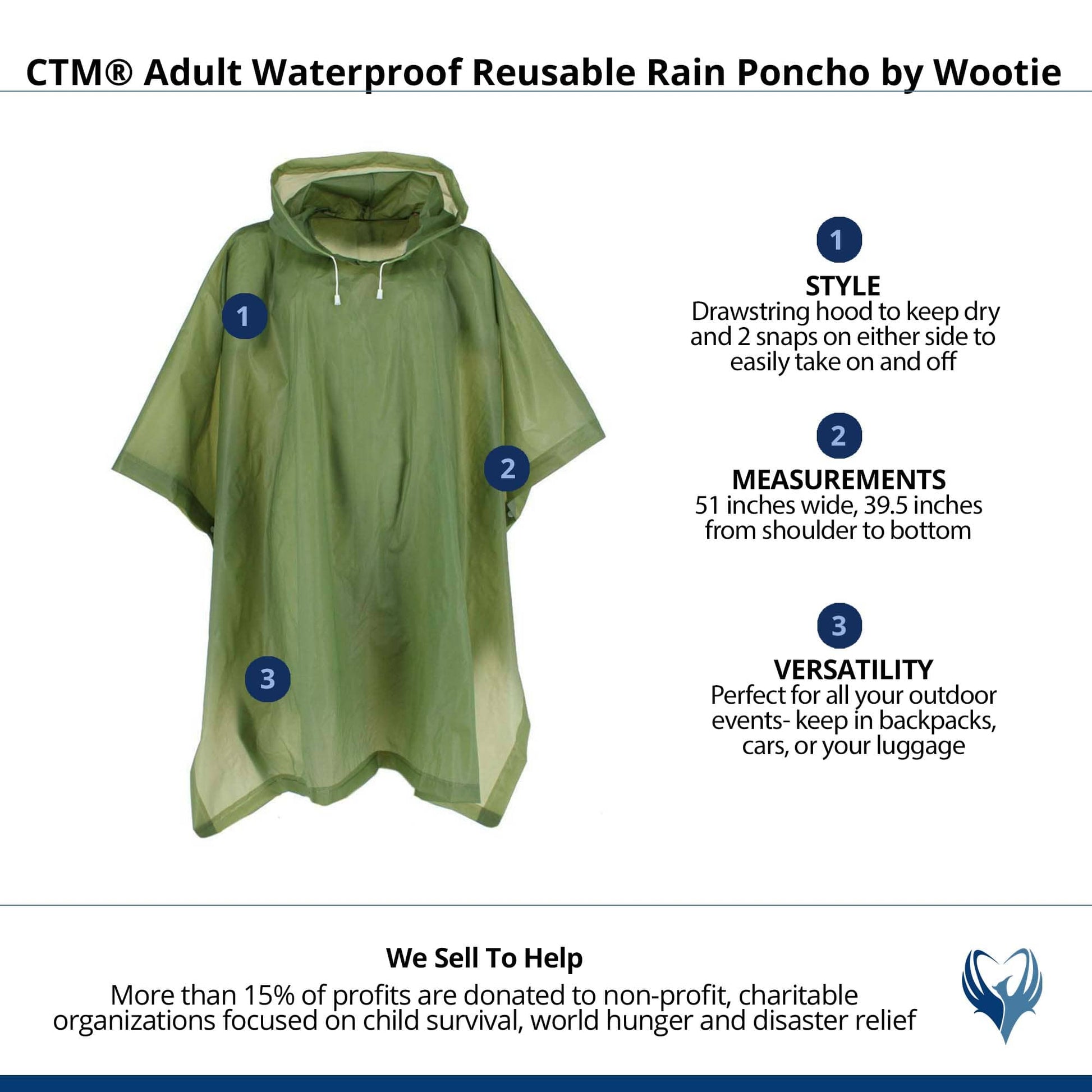 CTM® Adult Waterproof Reusable Rain Poncho by Wootie - Green