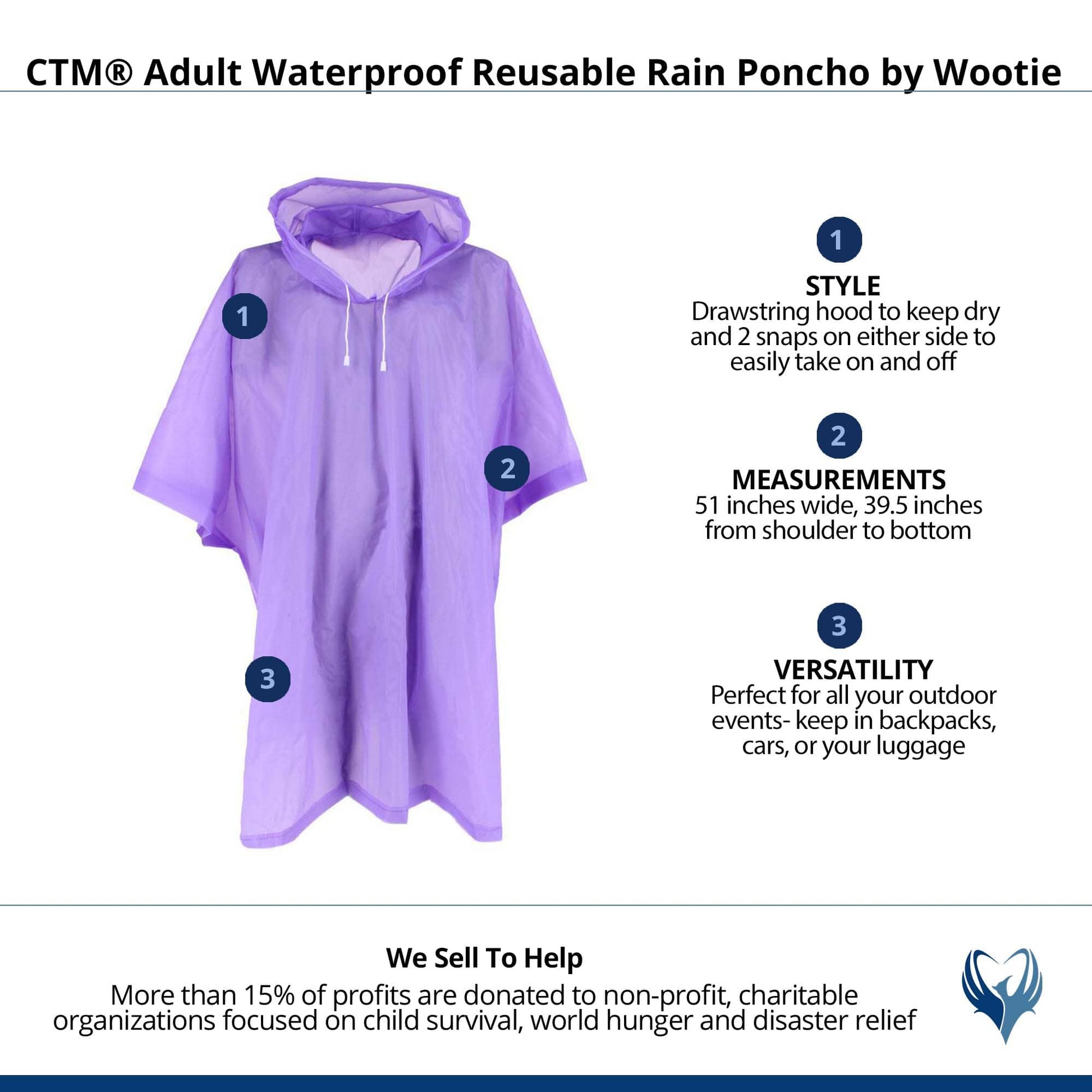 CTM® Adult Waterproof Reusable Rain Poncho by Wootie - Purple