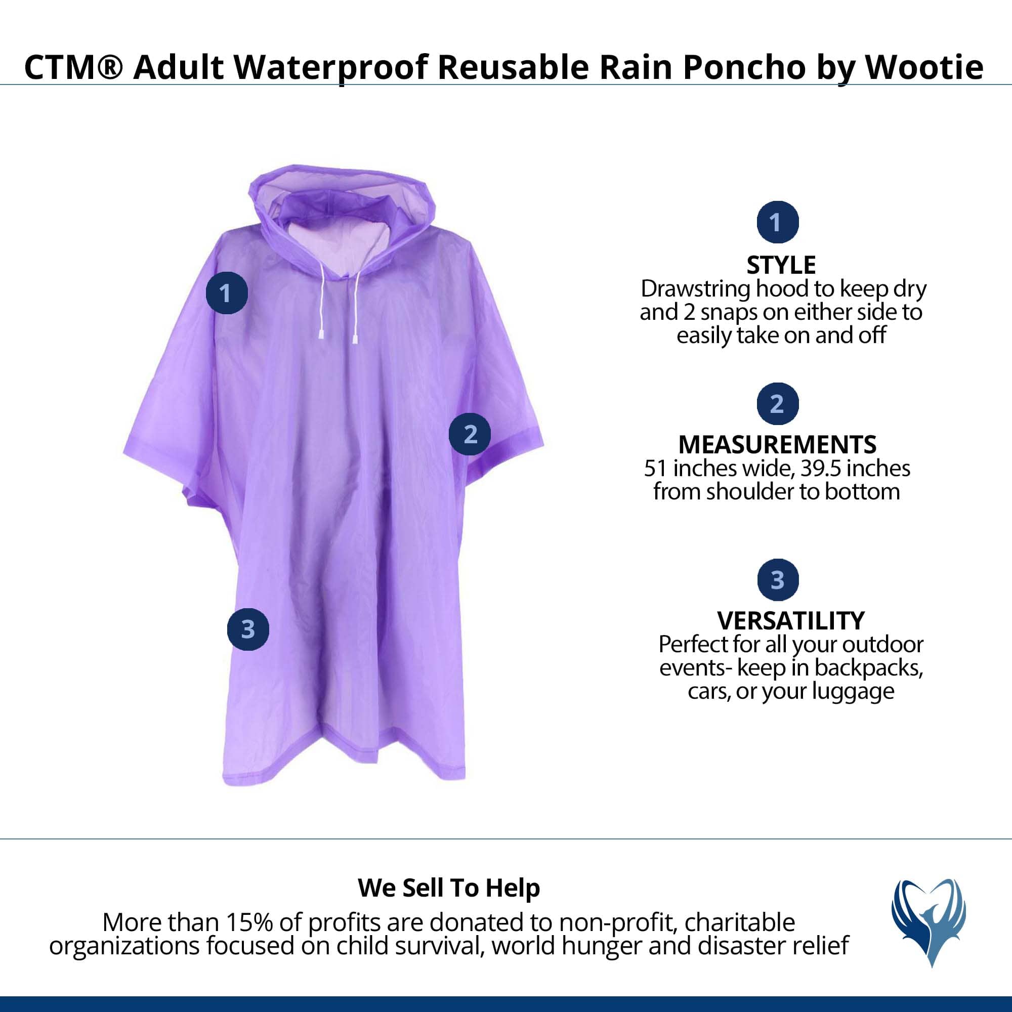 CTM® Adult Waterproof Reusable Rain Poncho by Wootie - Purple