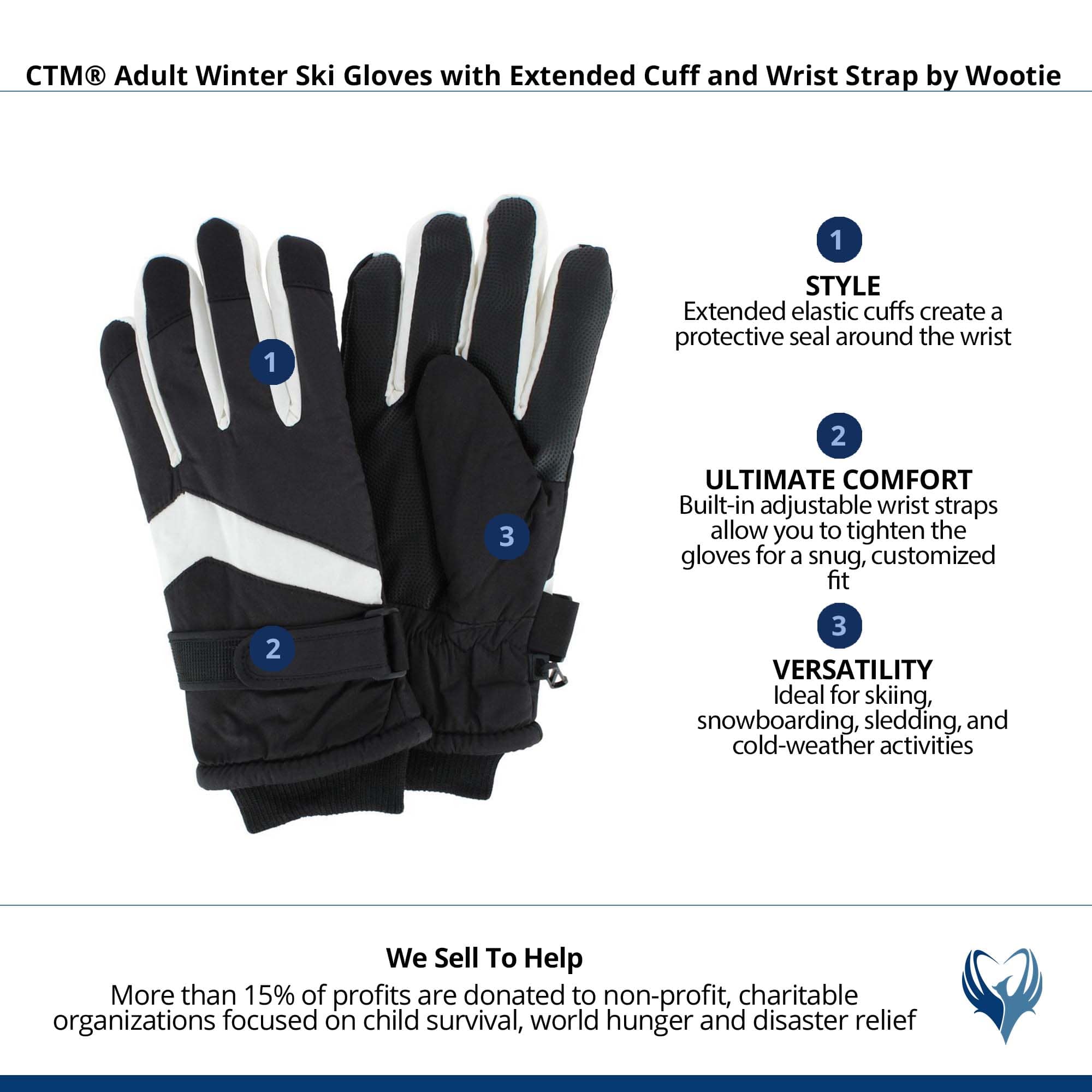 CTM® Adult Winter Ski Gloves with Extended Cuff and Wrist Strap by Wootie - Black