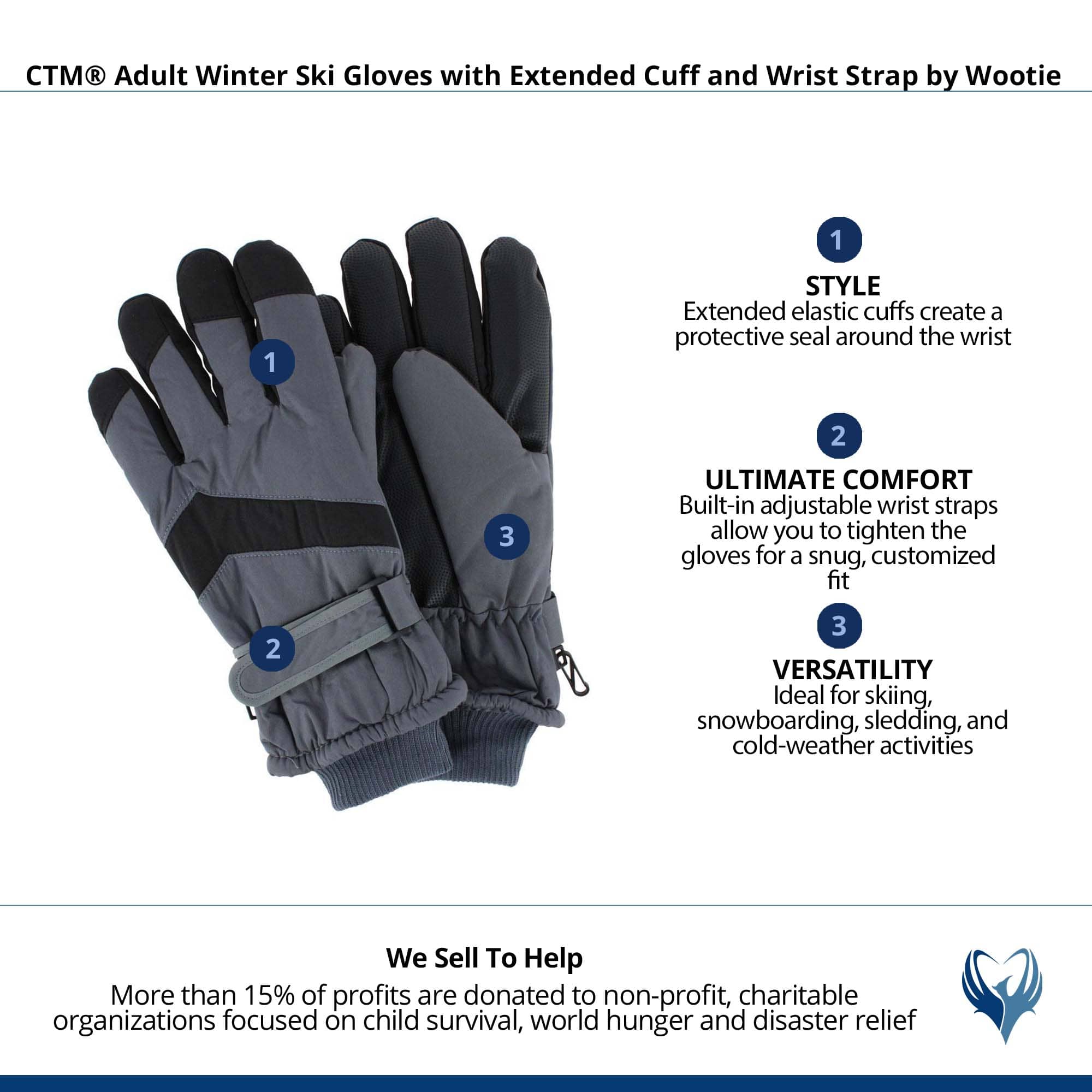 CTM® Adult Winter Ski Gloves with Extended Cuff and Wrist Strap by Wootie - Gray